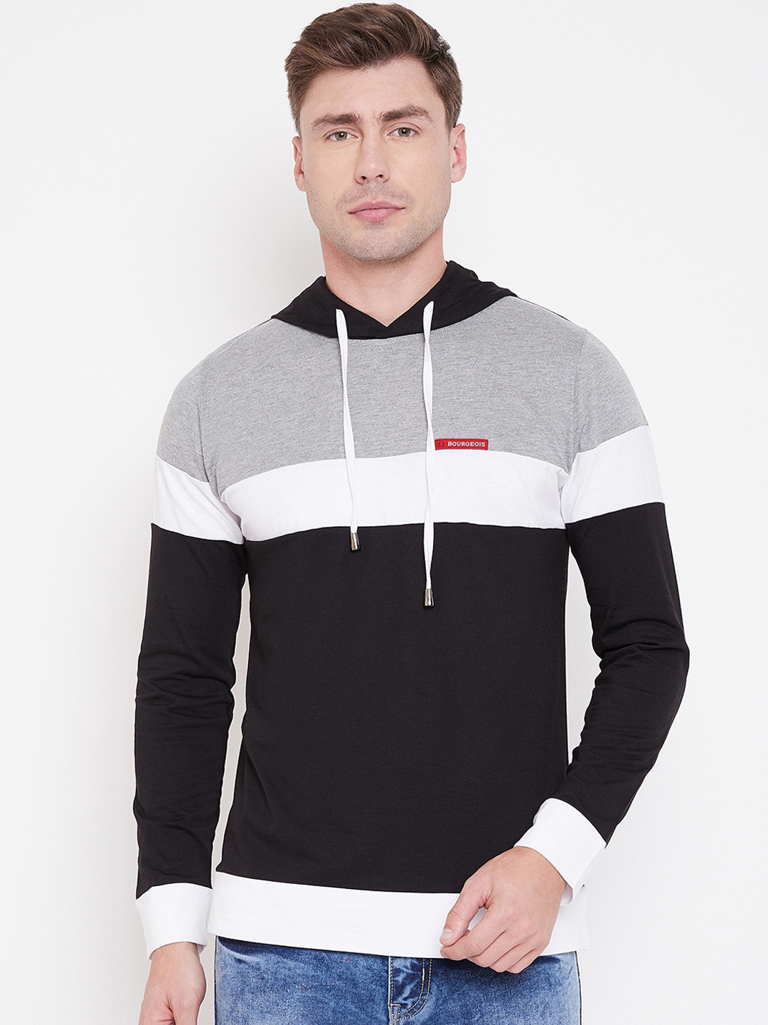 LE BOURGEOIS Men Grey Colourblocked Hood T-shirt
