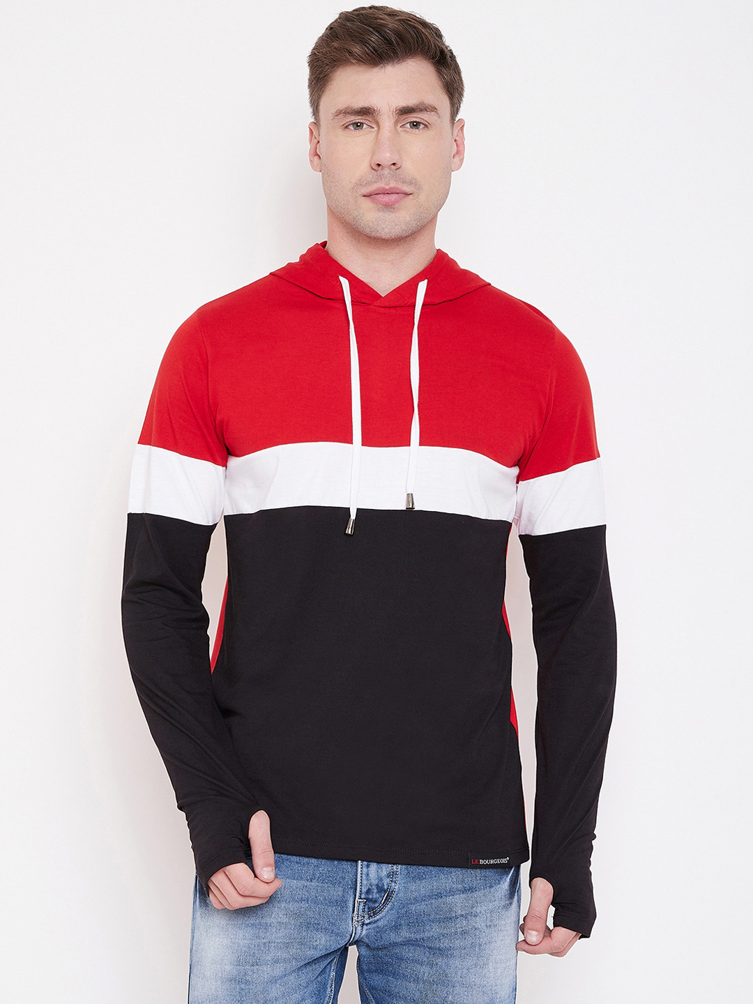 LE BOURGEOIS Men Red & Black Colourblocked Hood T-shirt