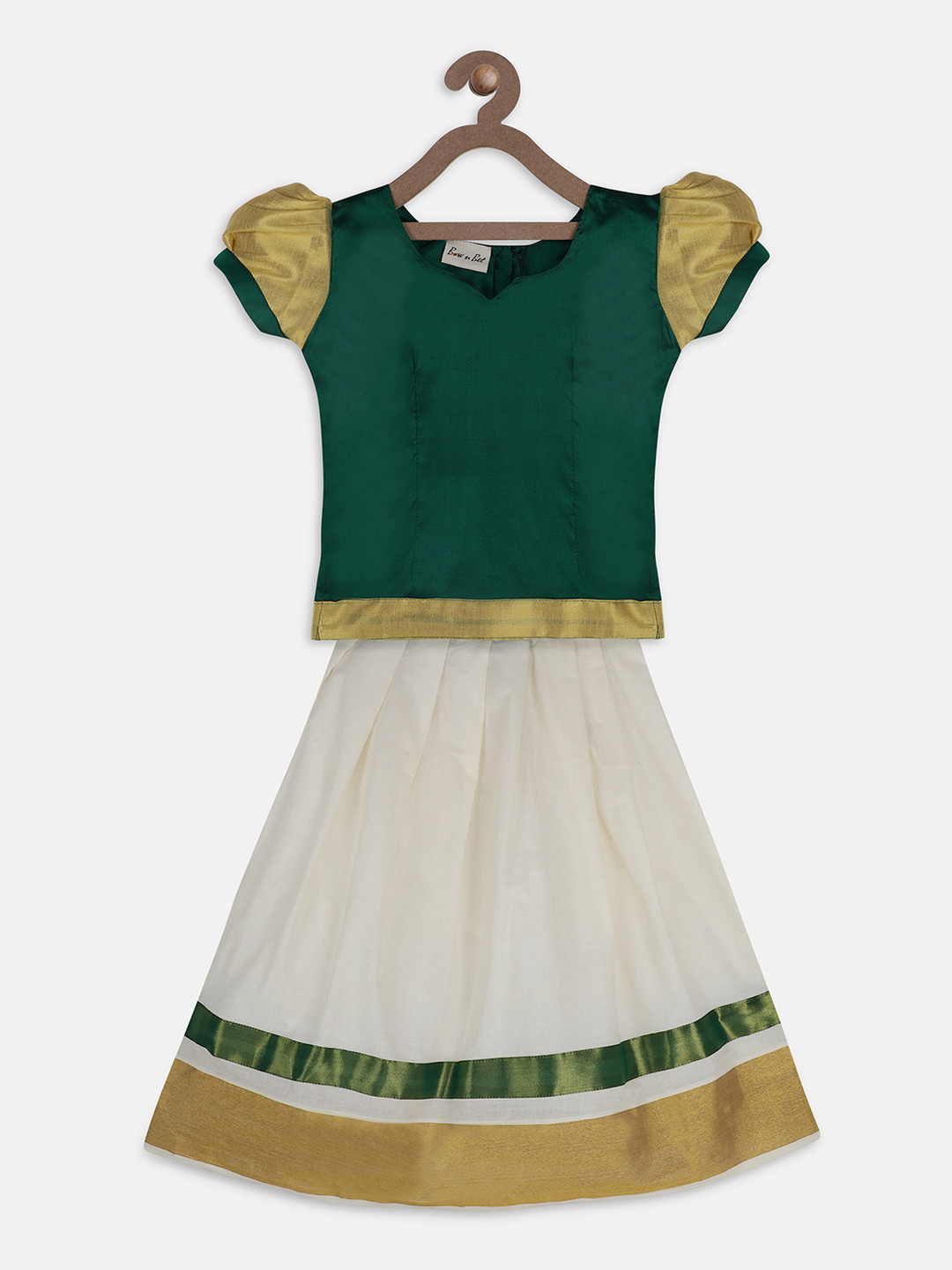 BownBee Girls Green & White Solid Ready to Wear Pattu Pavadai