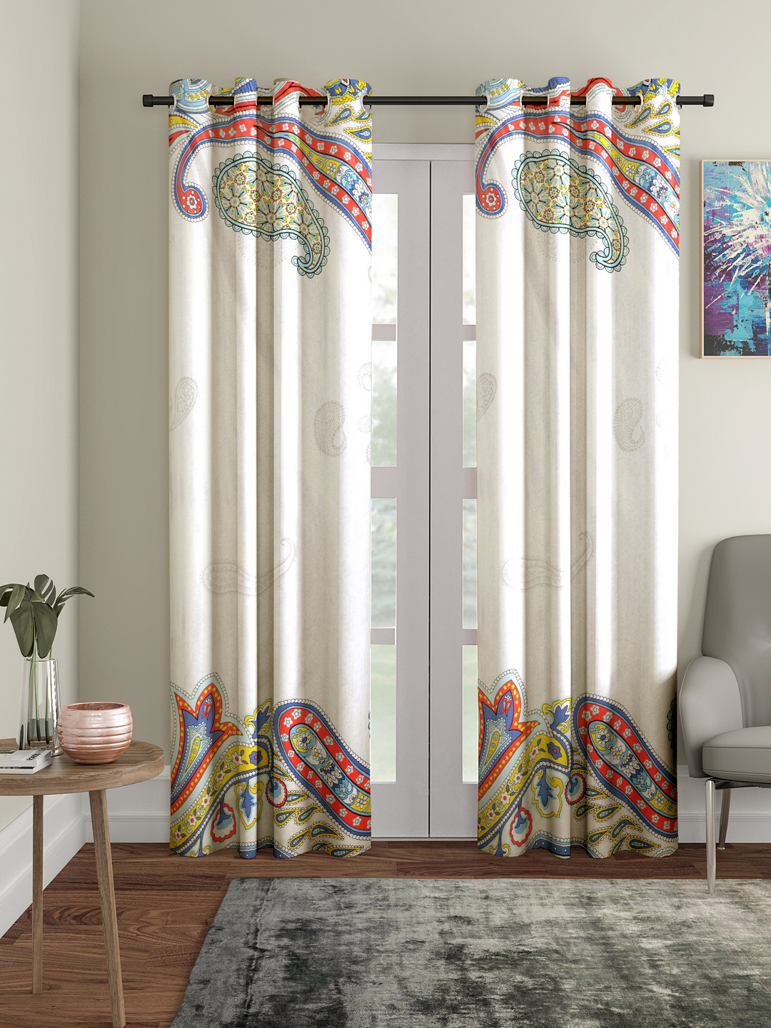 Home Sizzler White & Green Set of 2 Door Curtains