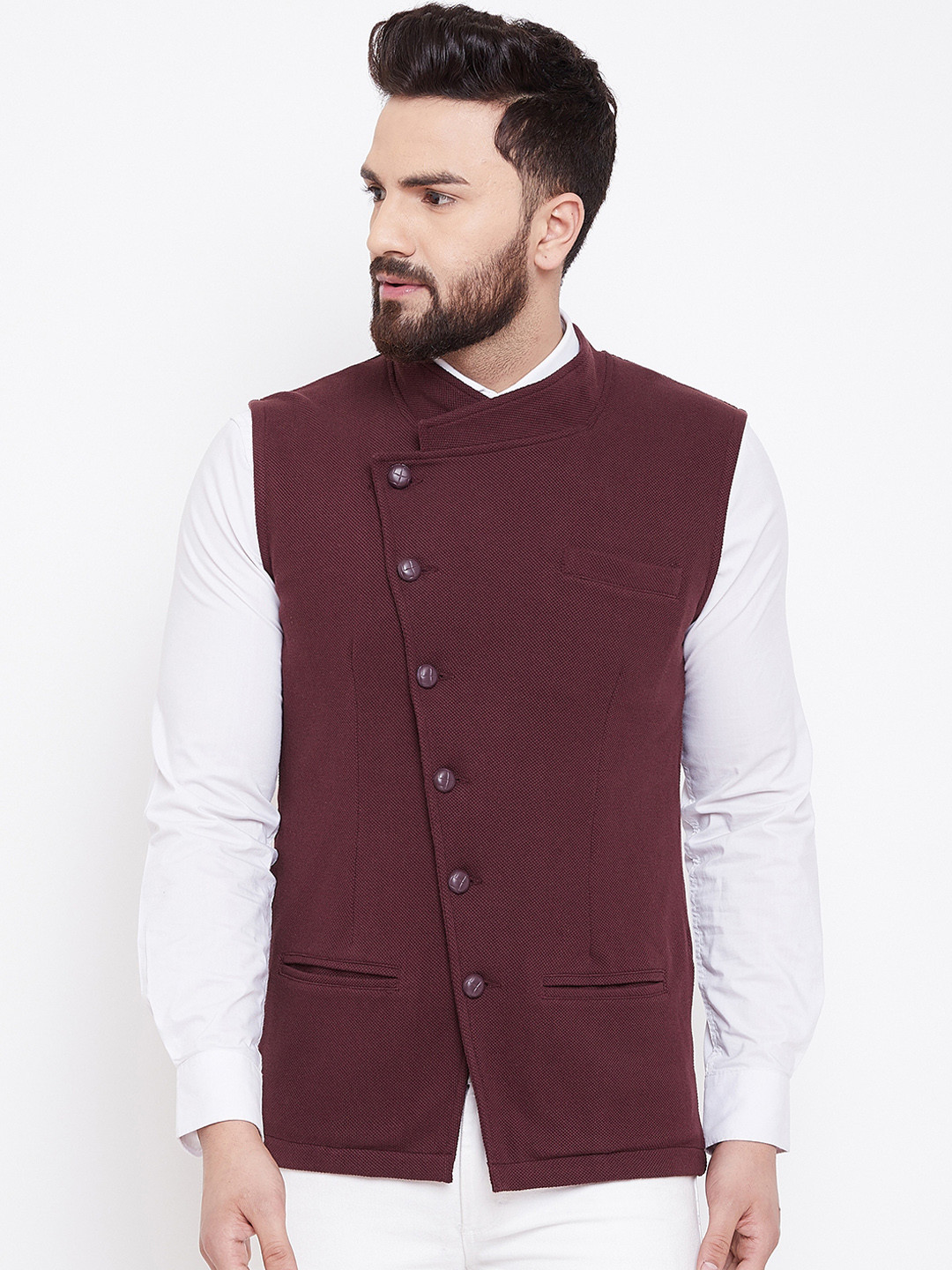 Hypernation Men Burgundy Solid Pure Cotton Nehru Jacket