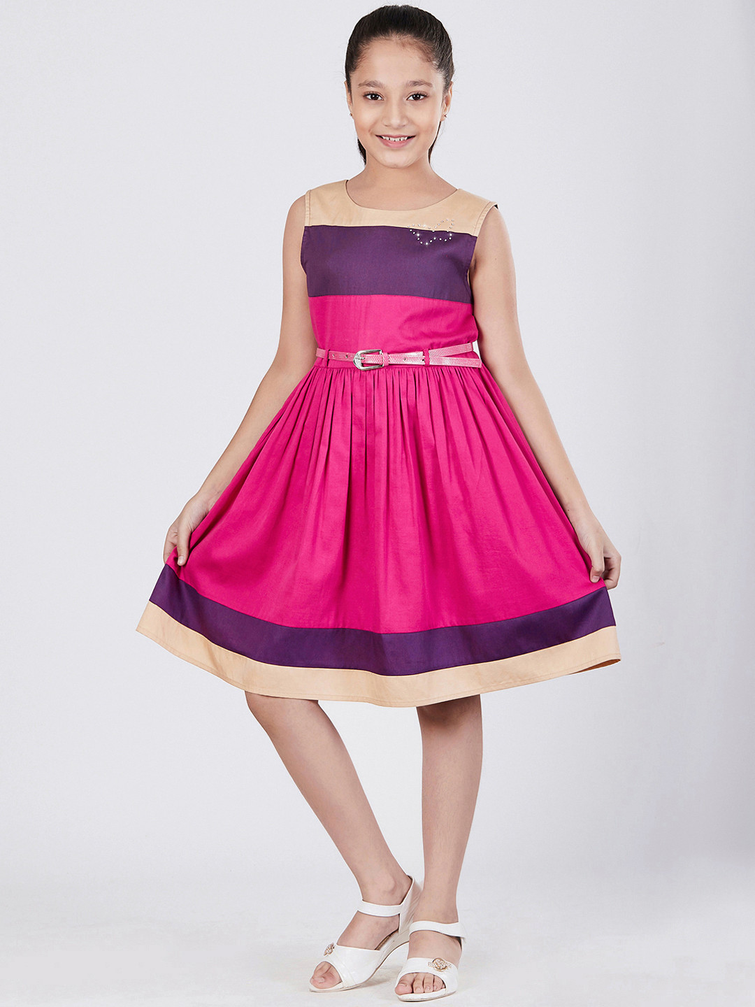 Merrigo Kidz Girls Magenta & Purple Colourblocked Fit and Flare Dress