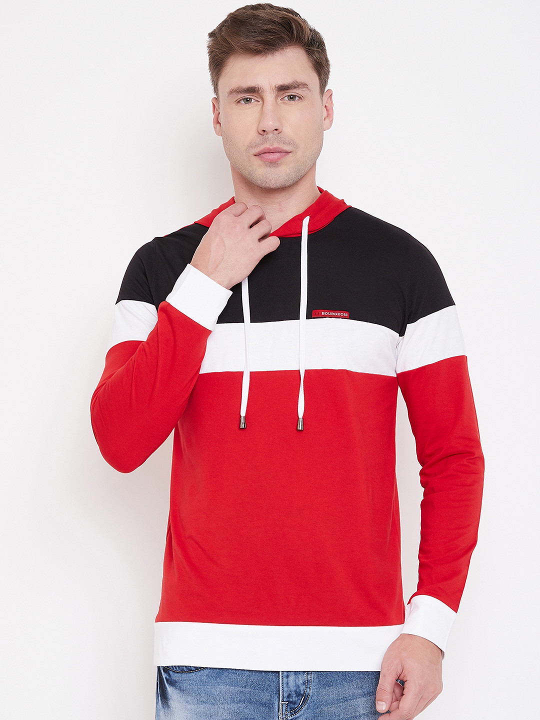 LE BOURGEOIS Men Black And Red Colourblocked Hood T-shirt