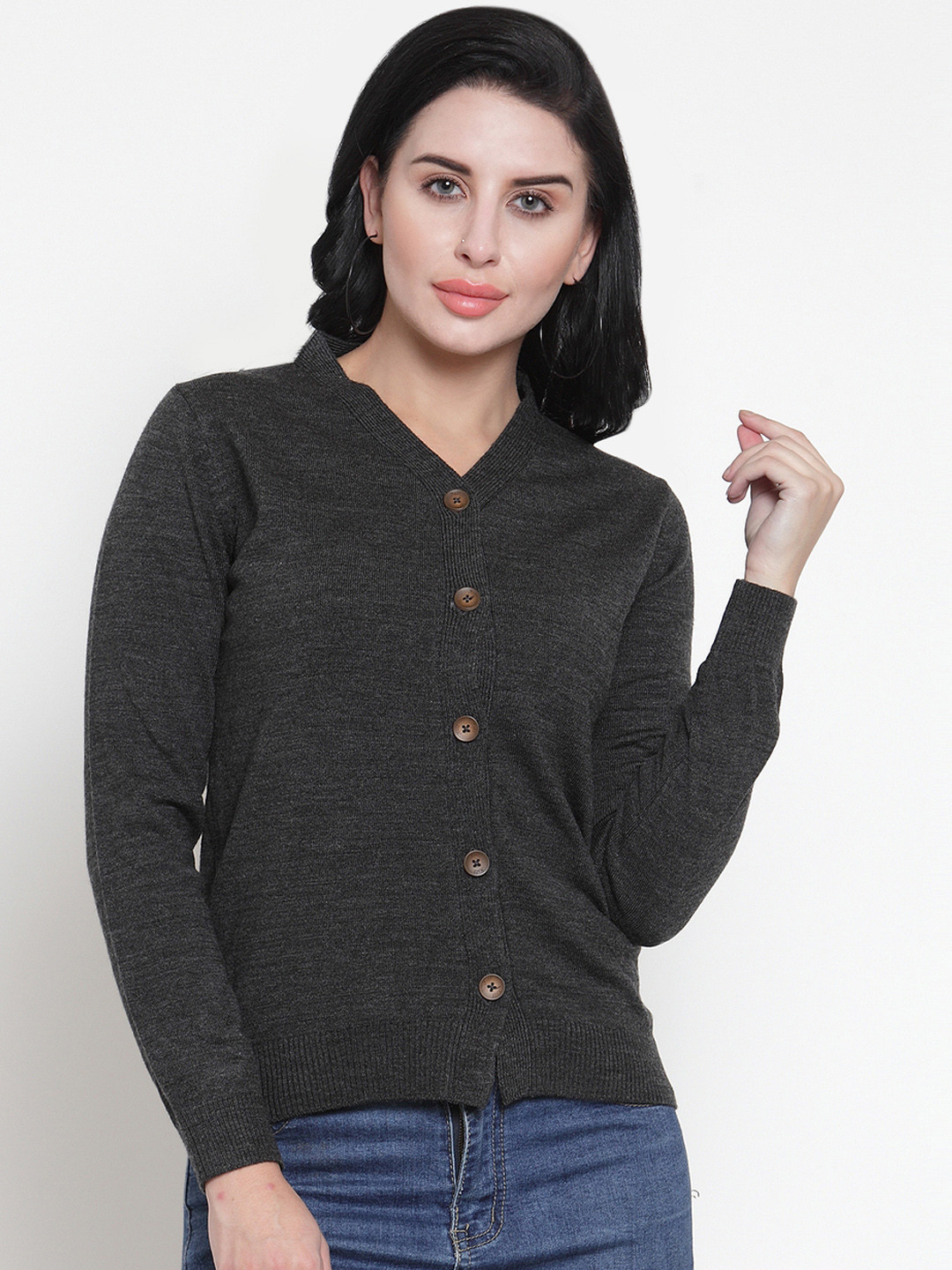 Kalt Women Charcoal Grey Melange Solid Cardigan