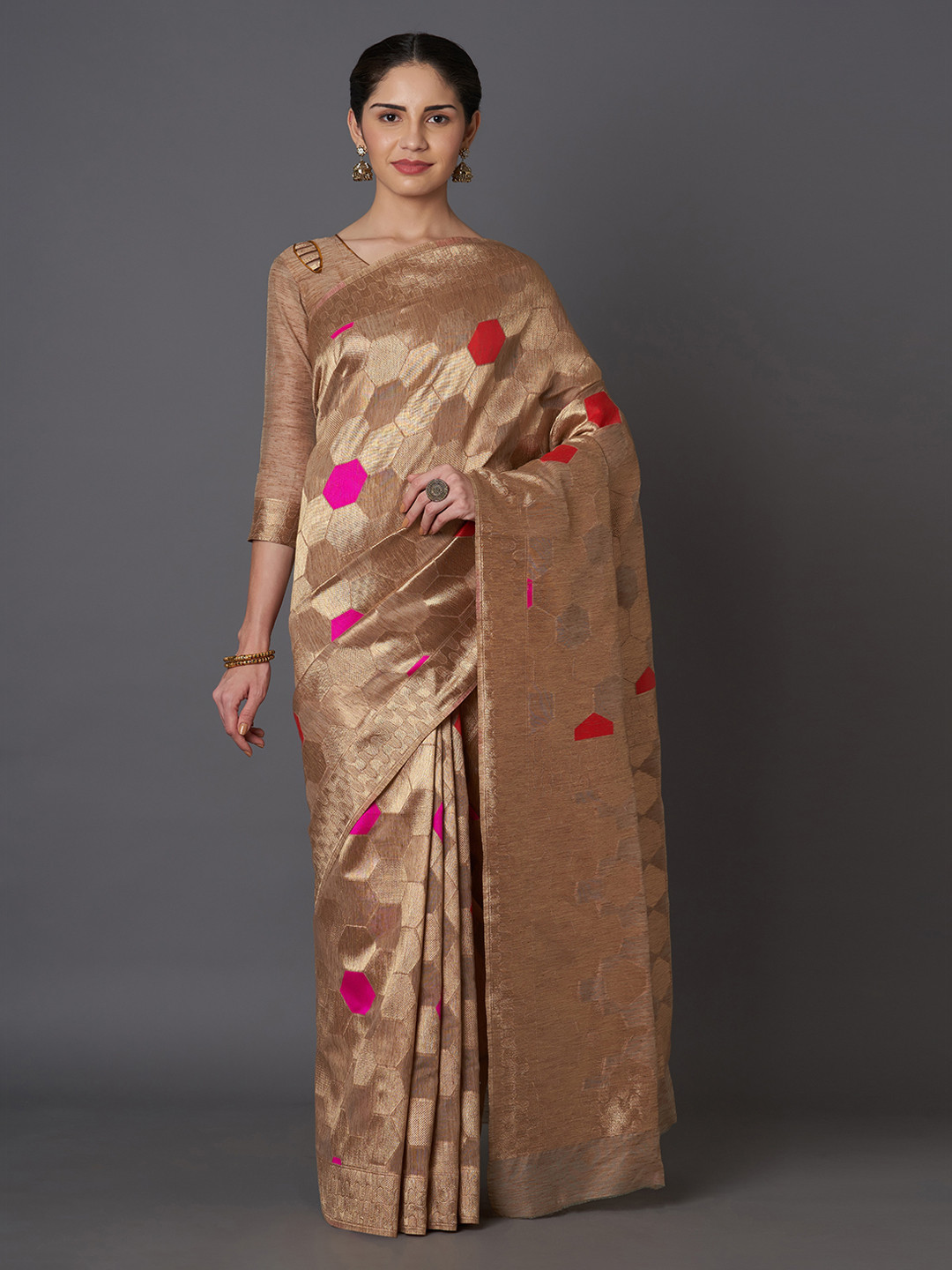 Mitera Beige Silk Blend Woven Design Kanjeevaram Saree