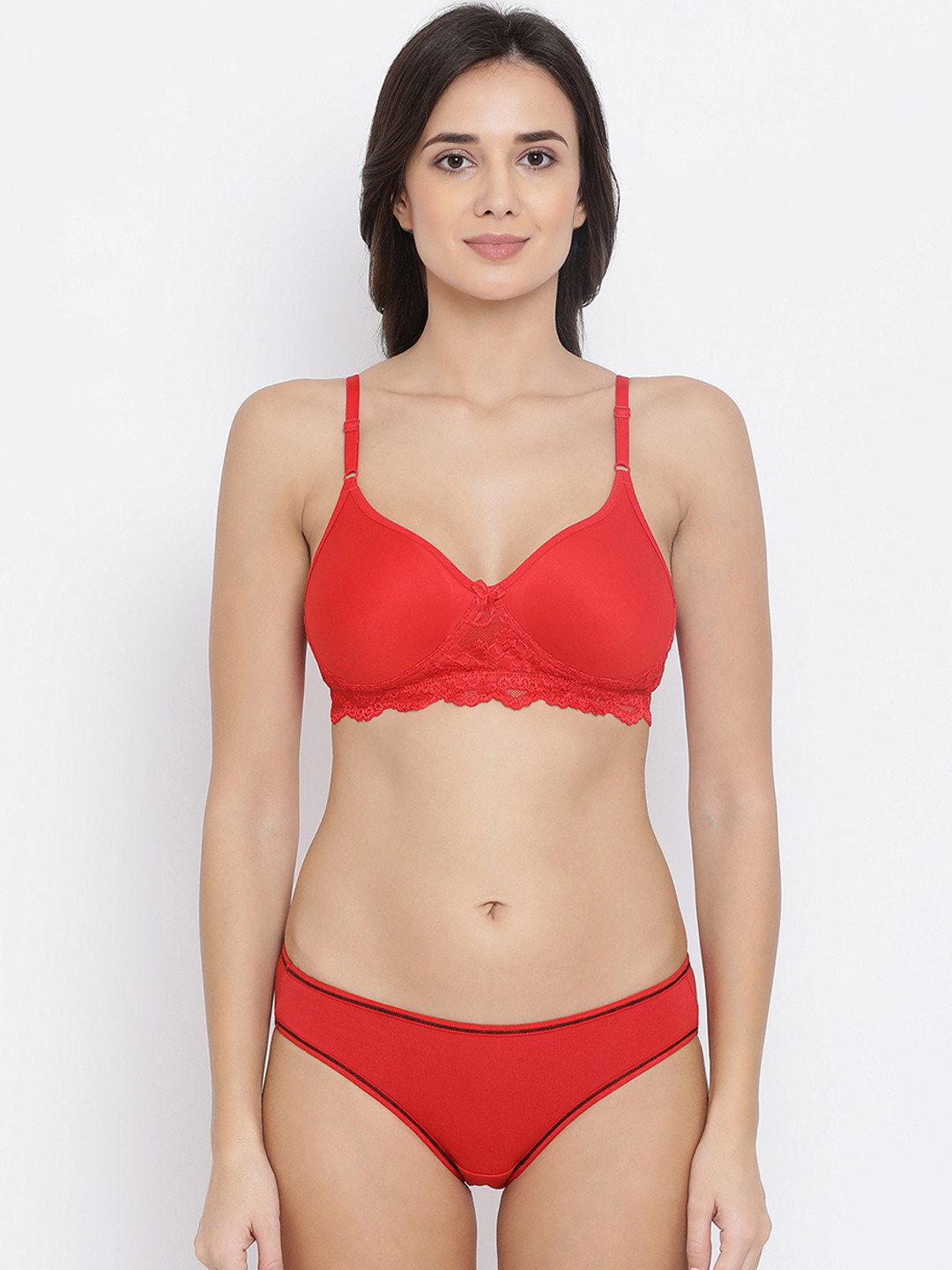 Clovia Women Red Solid Spacer Cup T-shirt Bra & Hipster Lingerie Set COMBBP89332B