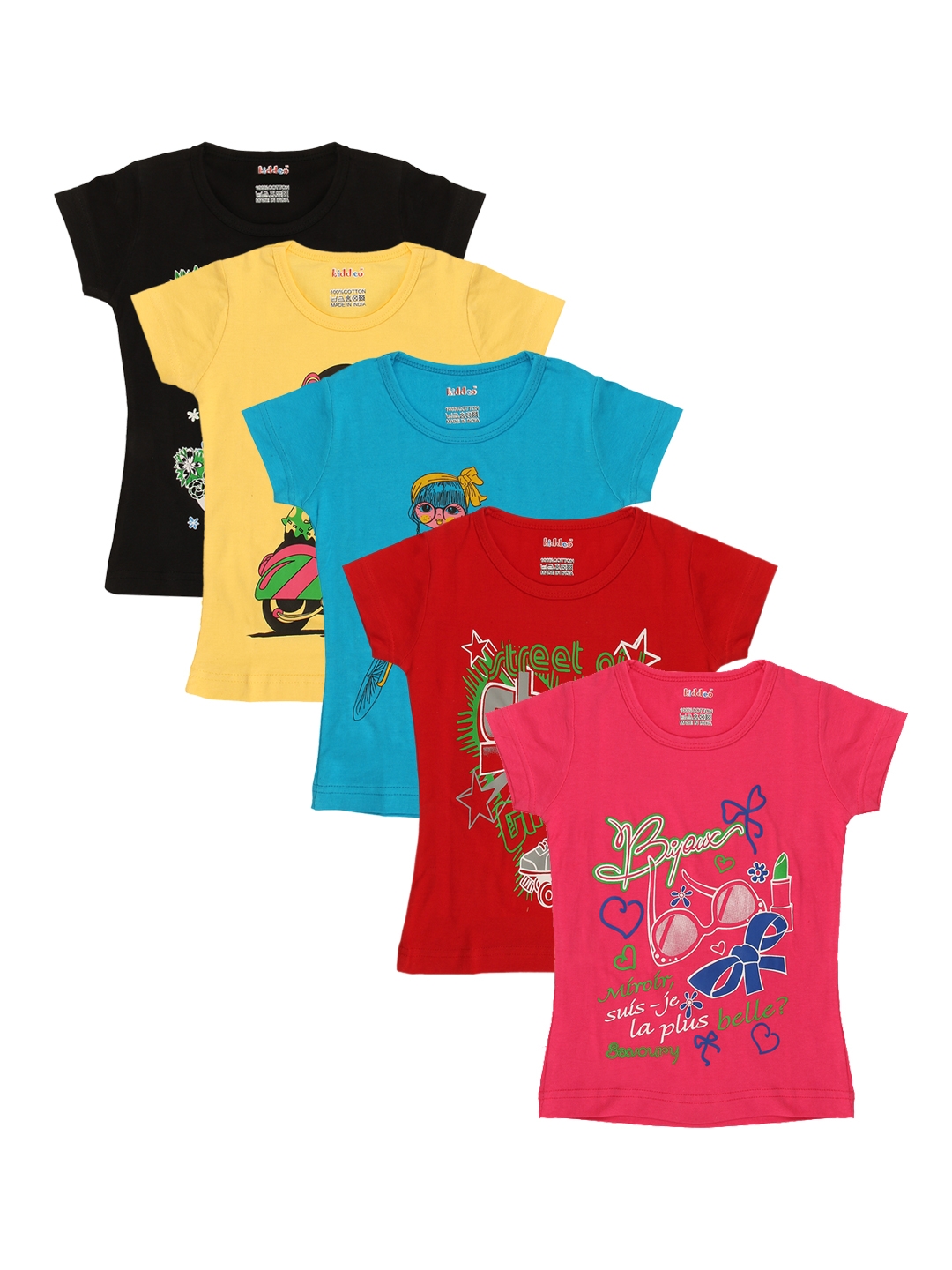 Kiddeo Girls Pack of 5 Multicoloured Printed Round Neck Pure Cotton T shirts
