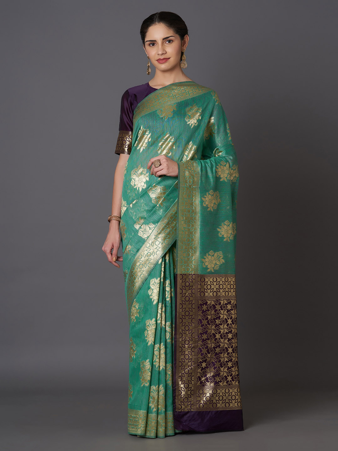 Mitera Sea Green & Gold-Coloured Silk Blend Woven Design Kanjeevaram Saree