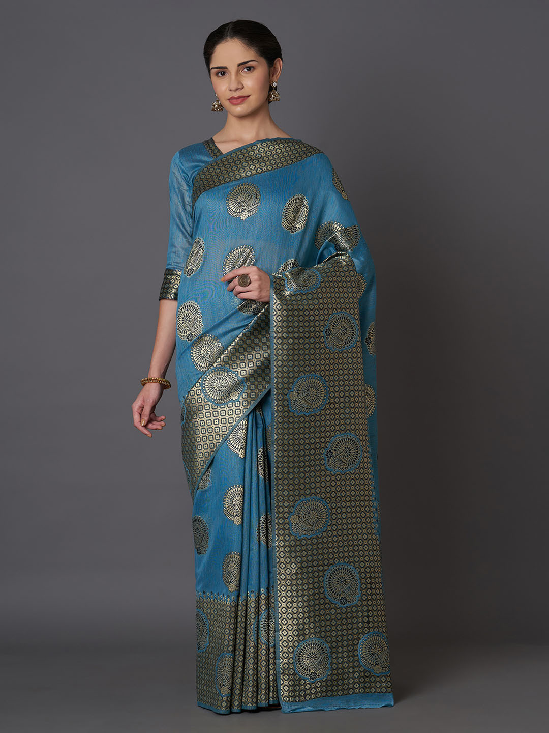 Mitera Turquoise Blue Silk Blend Woven Design Kanjeevaram Saree