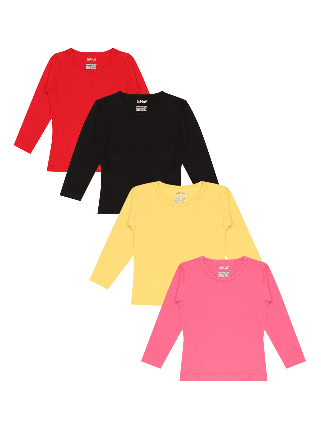 Kiddeo Girls Pack of 4 Multicoloured Solid Round Neck Pure Cotton T-shirts