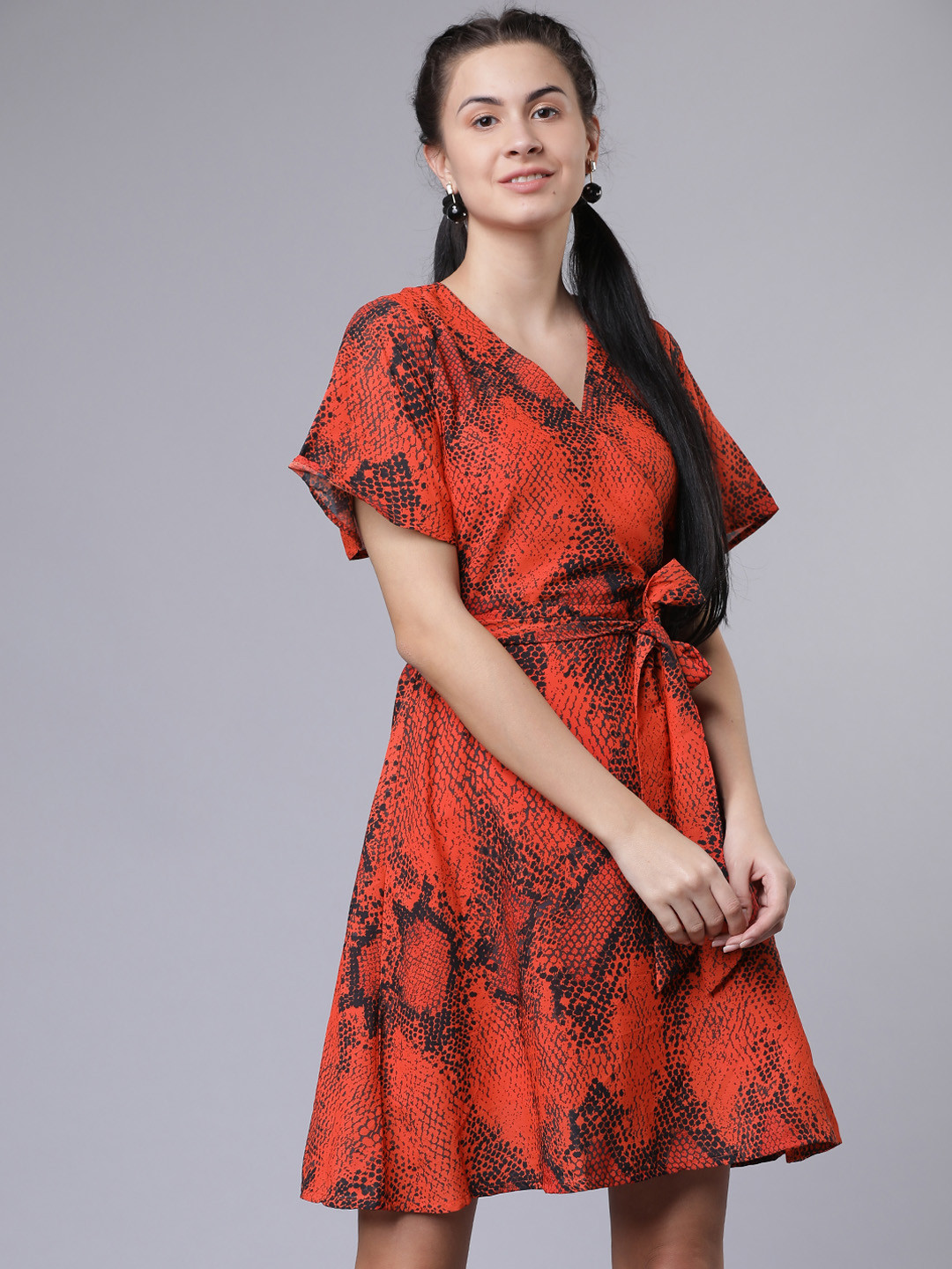 Tokyo Talkies Women Red Snakeskin Printed Wrap Dress