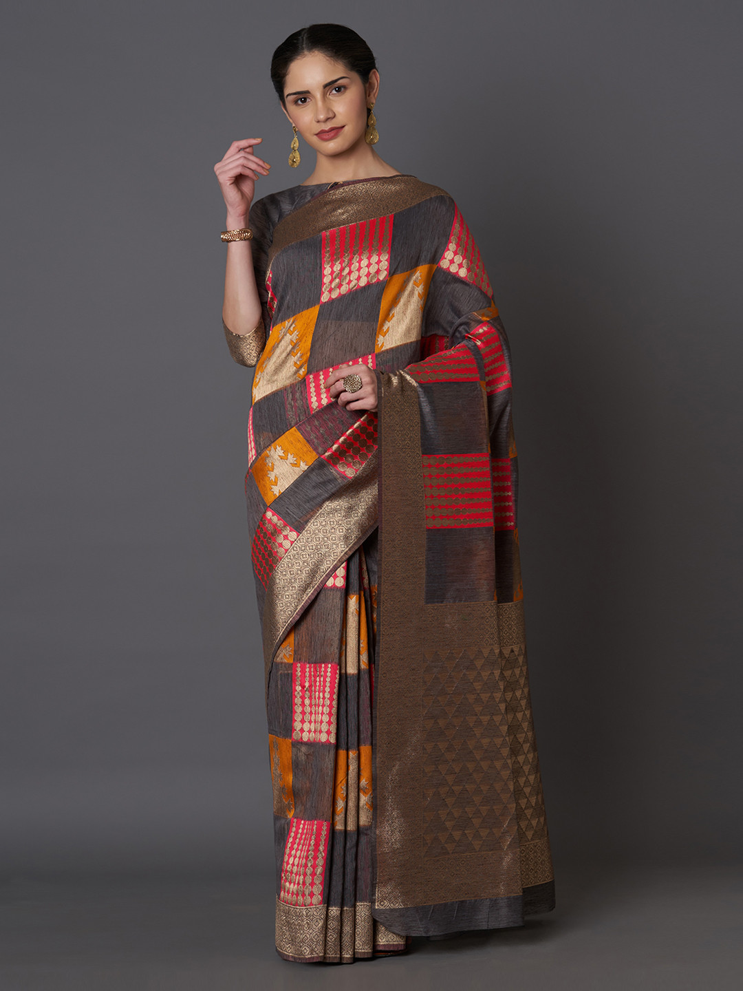 Mitera Grey & Mustard Yellow Silk Blend Woven Design Kanjeevaram Saree