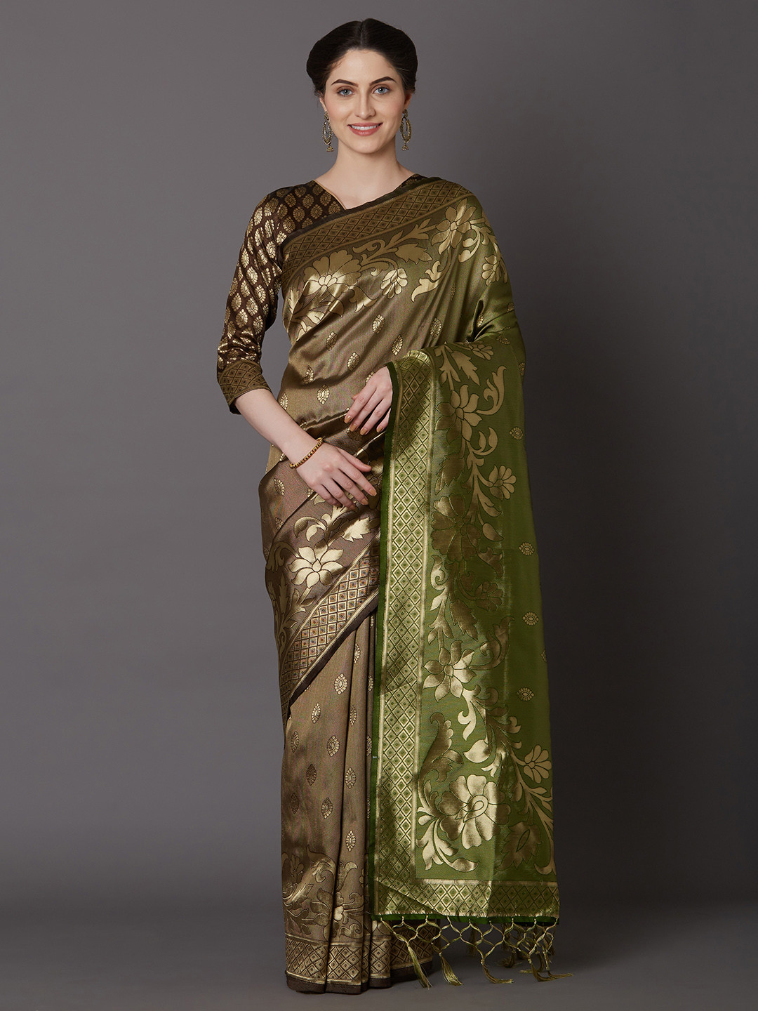 Mitera Olive Green & Gold-Toned Silk Blend Woven Design Kanjeevaram Saree