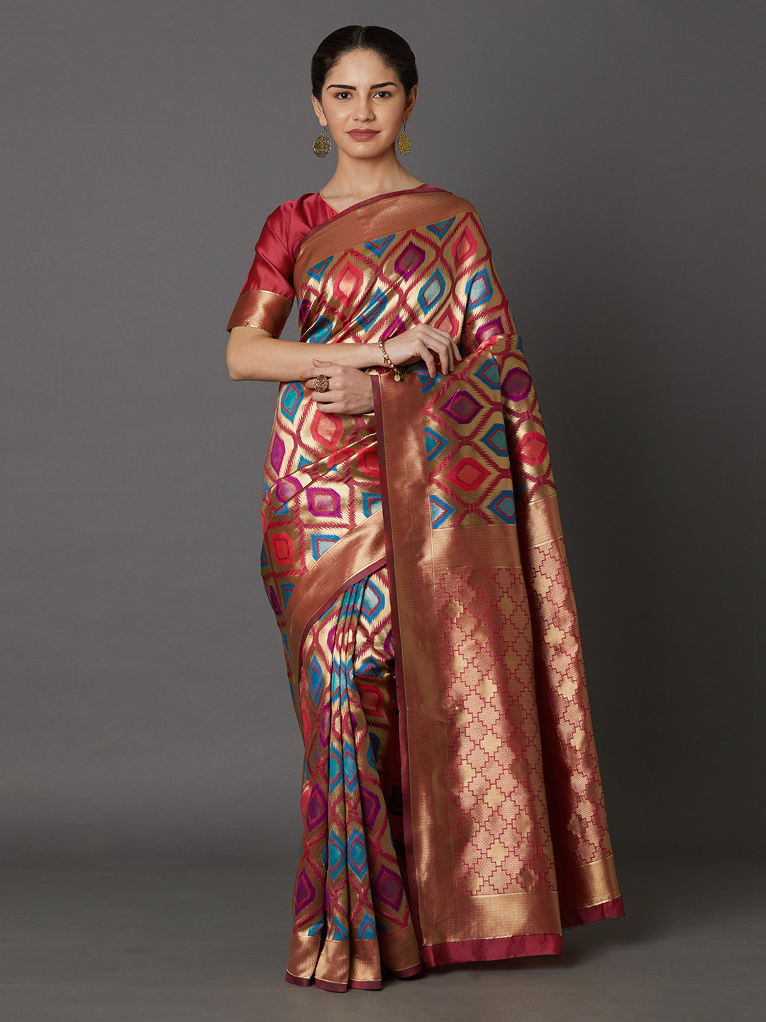 Mitera Maroon & Blue Silk Blend Woven Design Kanjeevaram Saree