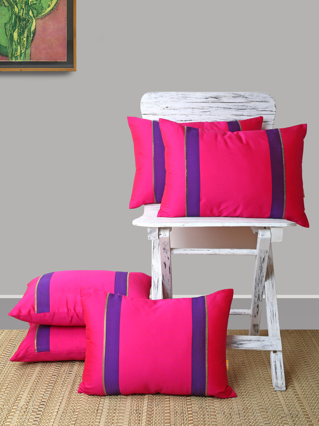 ANS Fuchsia Colourblocked Polyester Ultra Soft 5 Pcs Patchwork Cushion Covers -12x18In