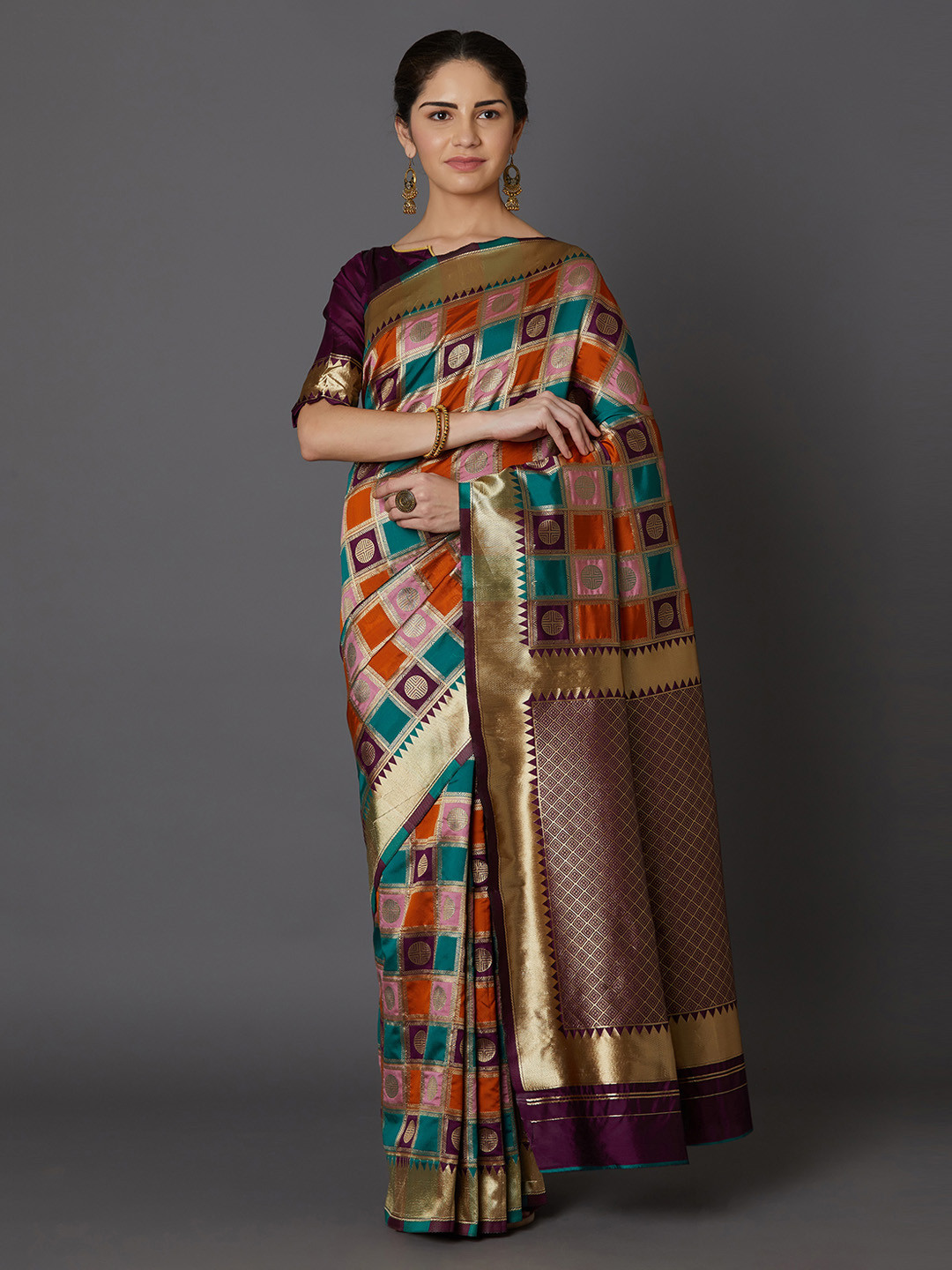 Mitera Purple & Teal Green Woven Design Kanjeevaram Saree