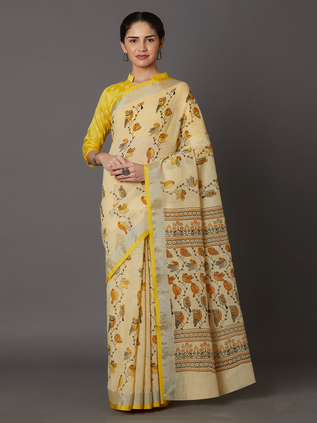 Mitera Yellow Linen Blend Printed Khadi Saree