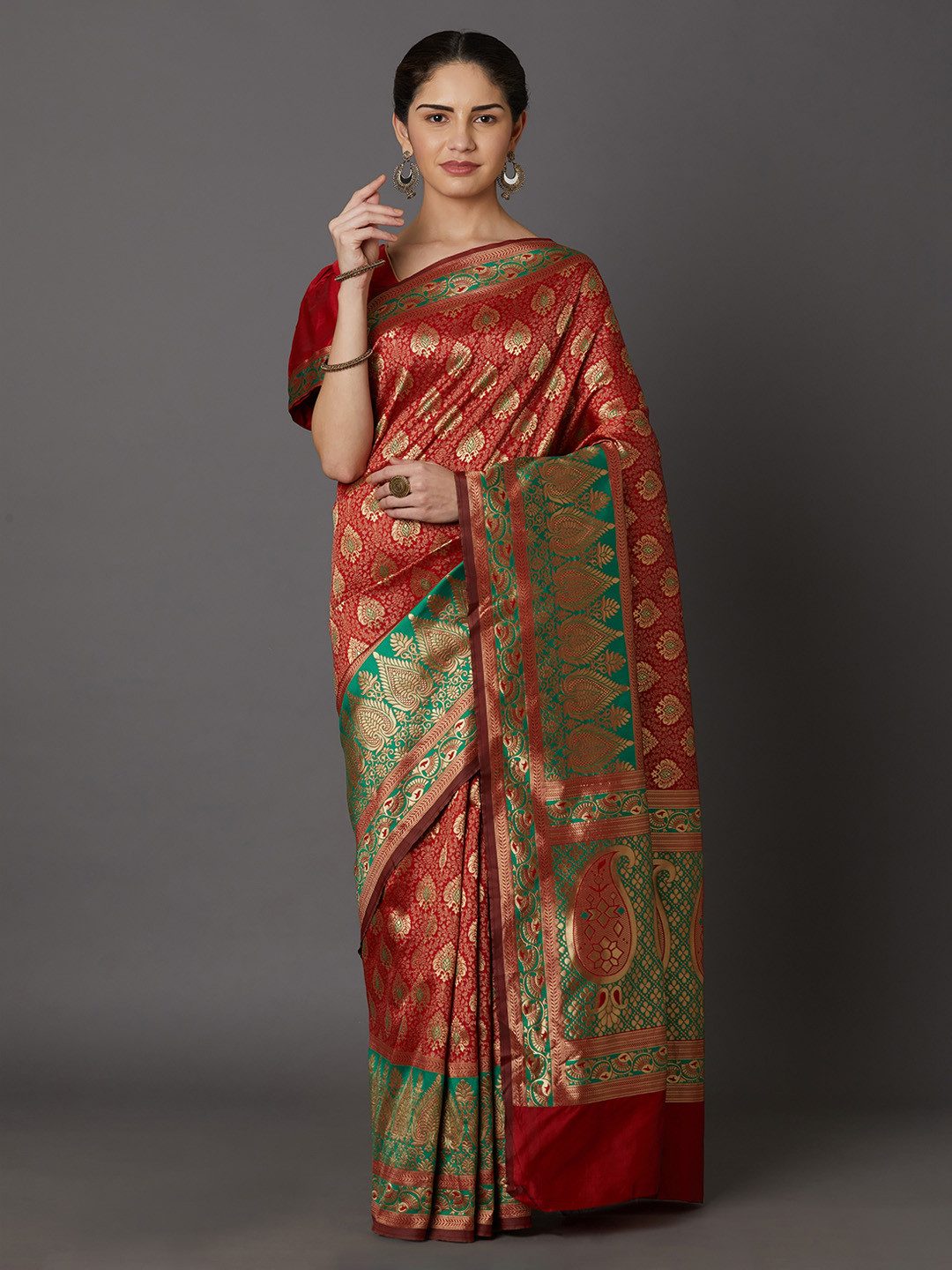 Mitera Rust Red & Gold-Coloured Silk Blend Woven Design Kanjeevaram Saree