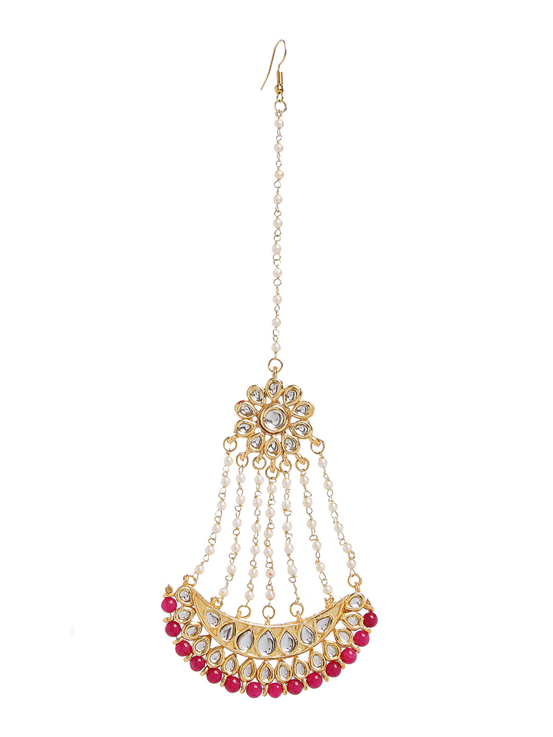 Bamboo Tree Jewels Red & Gold-Toned Kundan-Studded & Beaded Maang Tika