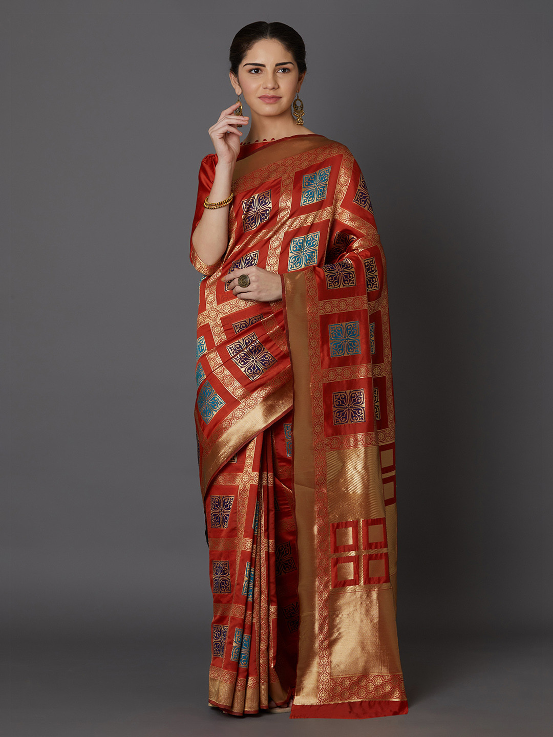 Mitera Rust Red & Blue Woven Design Kanjeevaram Saree