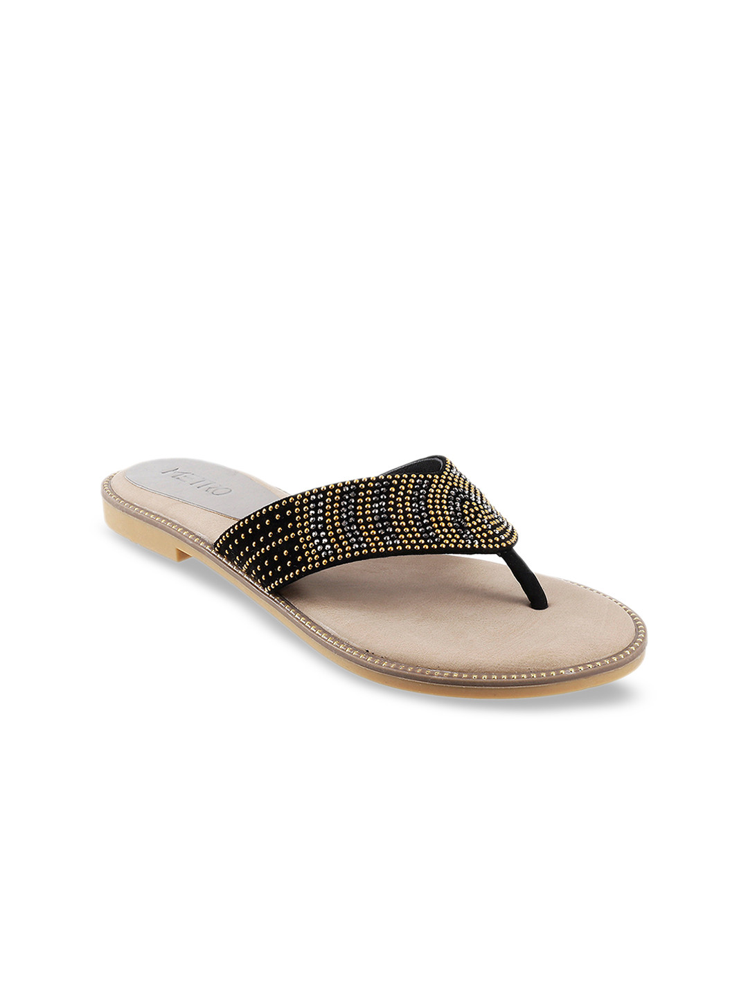 Metro Women Black & Gold-Toned Embellished Open Toe Flats