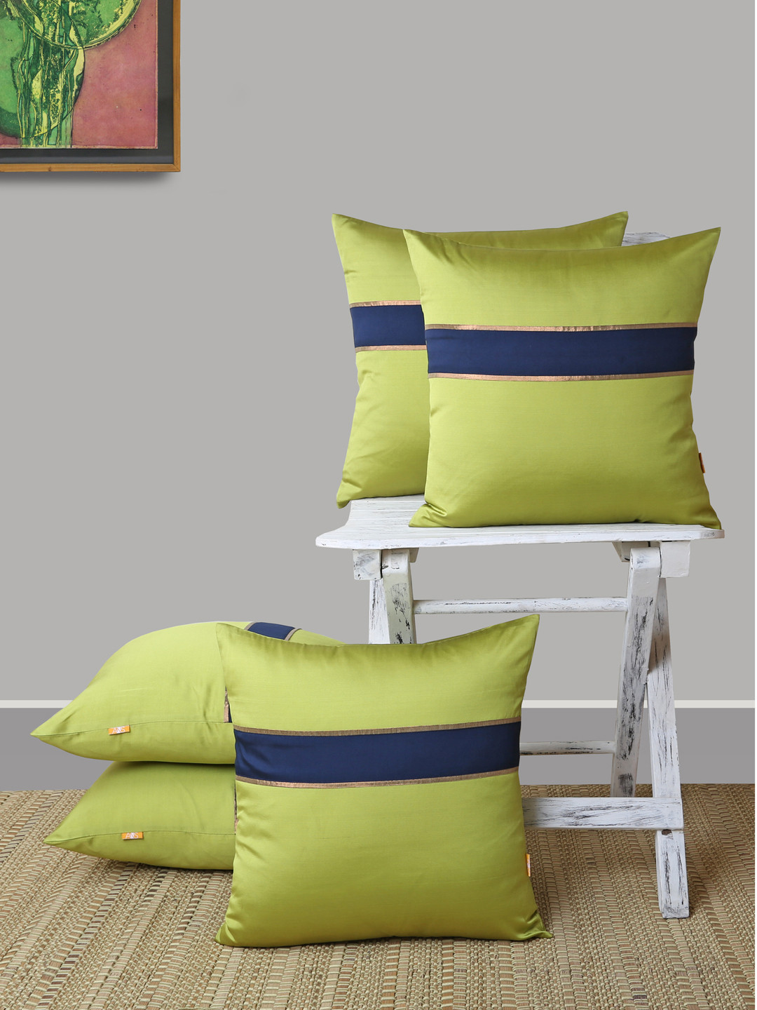 ANS Lime Green & Navy Blue Set of 5 Striped Square Cushion Covers