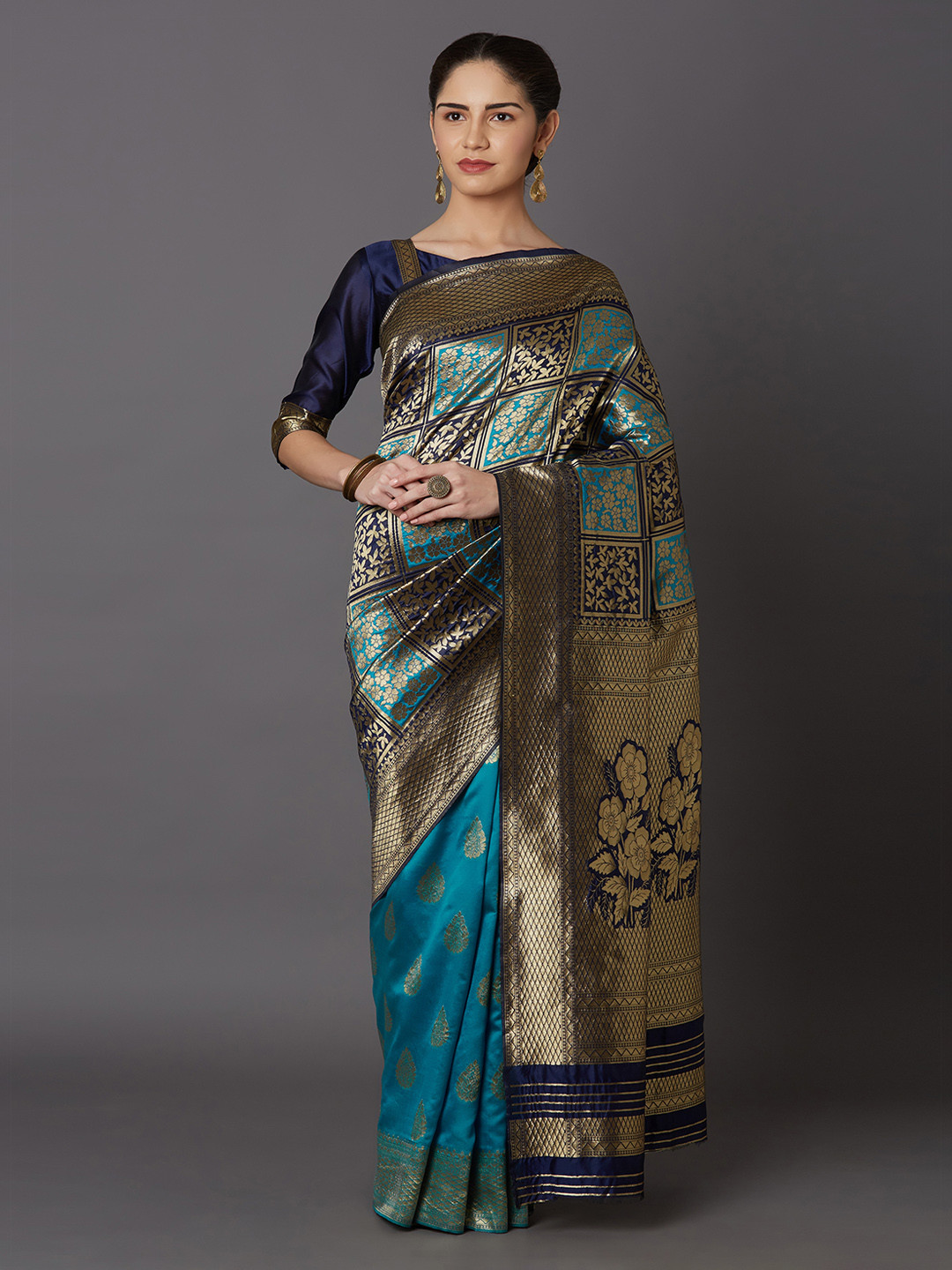 Mitera Teal Blue Silk Blend Woven Design Kanjeevaram Saree