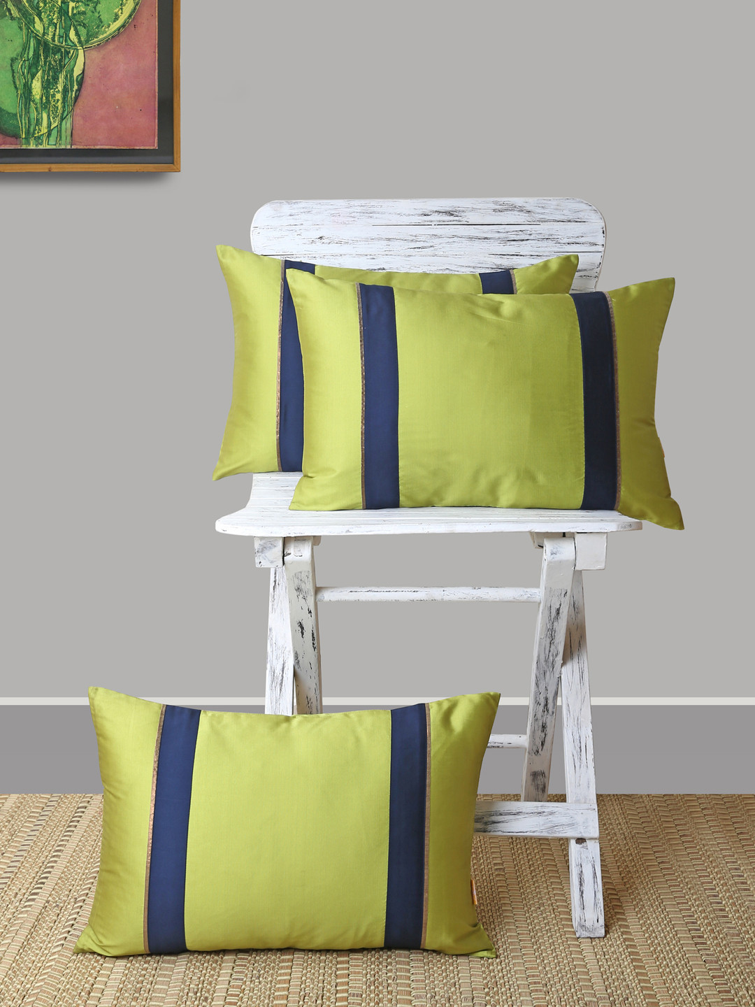 ANS Lime Green & Navy Blue Set of 3 Striped Rectangle Cushion Covers