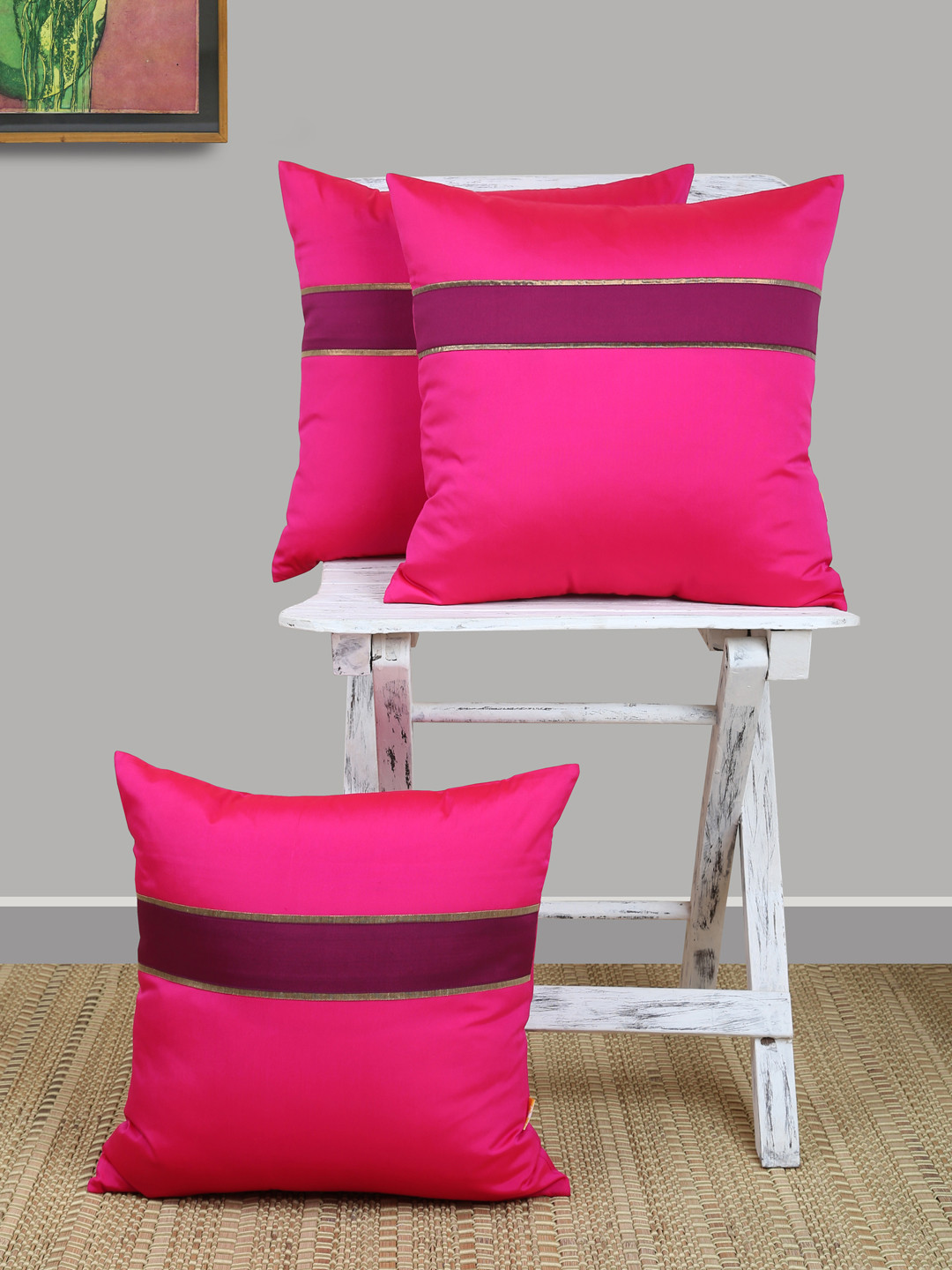 ANS Solid Fuschia tuffeta solid Colourblocked Polyester 3 Pcs Cushion Covers-16x16In