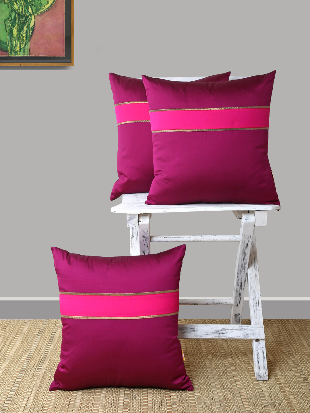 ANS Purple Striped Polyester Durable 3 Piece Square Cushion Covers -16x16In