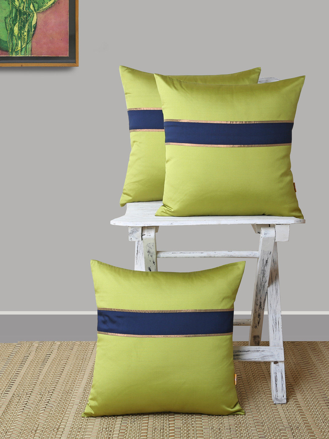 ANS Lime Green & Navy Blue Set of 3 Striped Square Cushion Covers