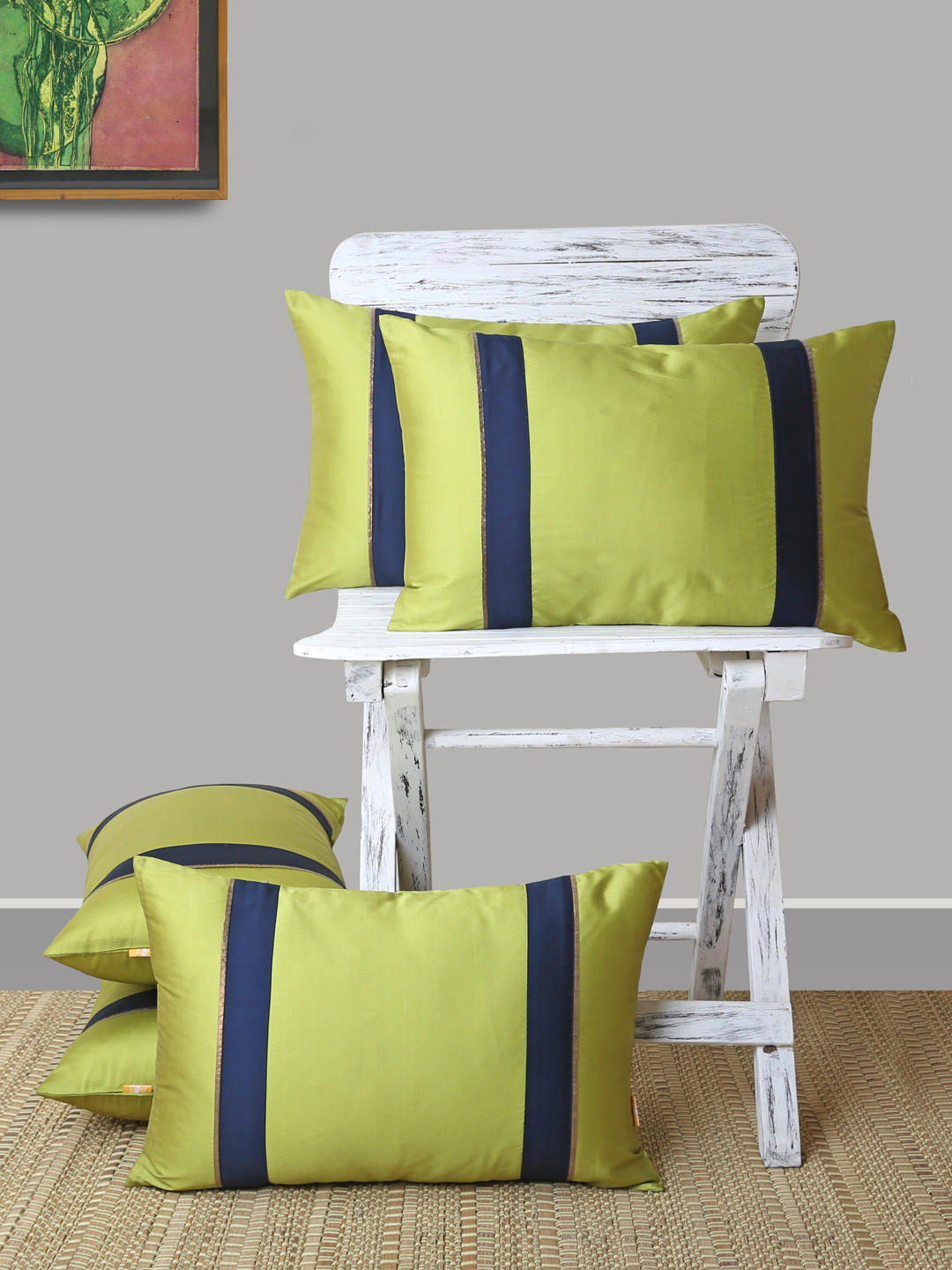 ANS Lime Green Colourblocked Polyester Washable 5 Piece Rectangle Cushion Covers -12x18In