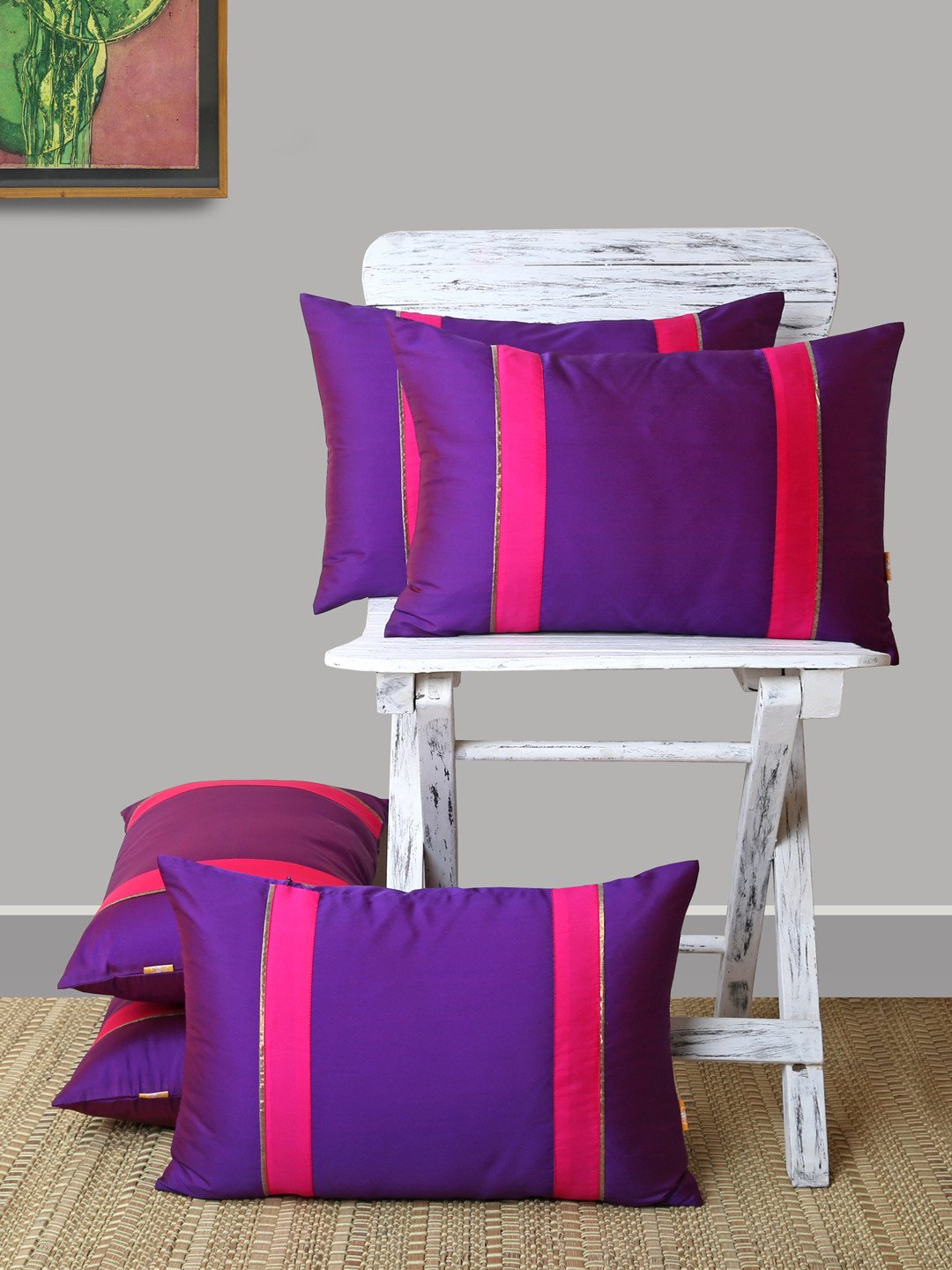 ANS Purple Set of 5 Striped Rectangle Cushion Covers