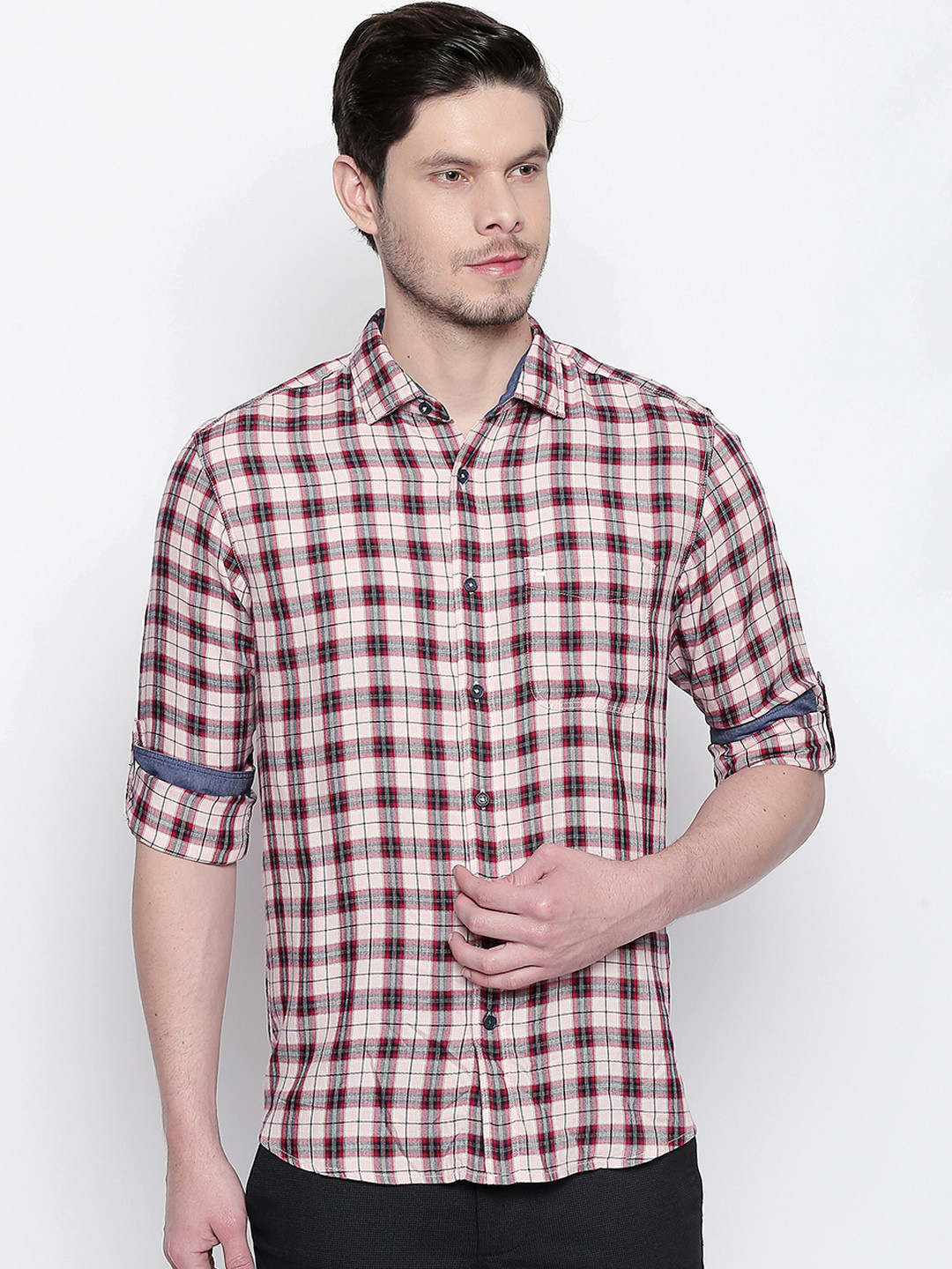 Basics Men Pink & Red Slim Fit Checked Casual Shirt