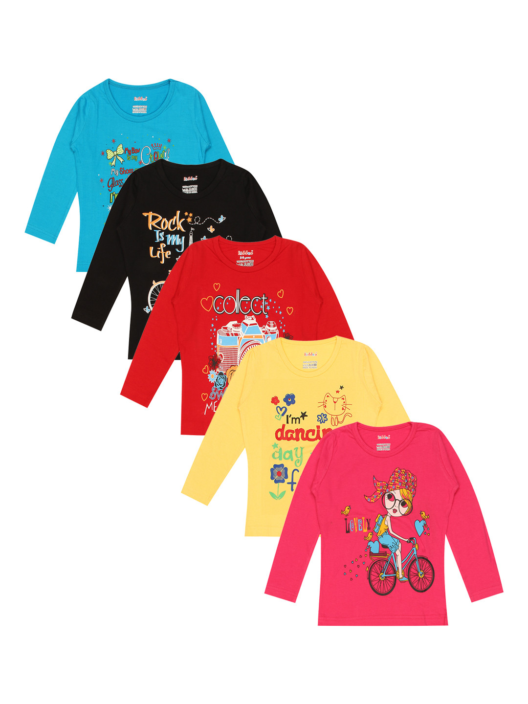 Kiddeo Girls Pack of 5 Multicoloured Printed Round Neck Pure Cotton T-shirts