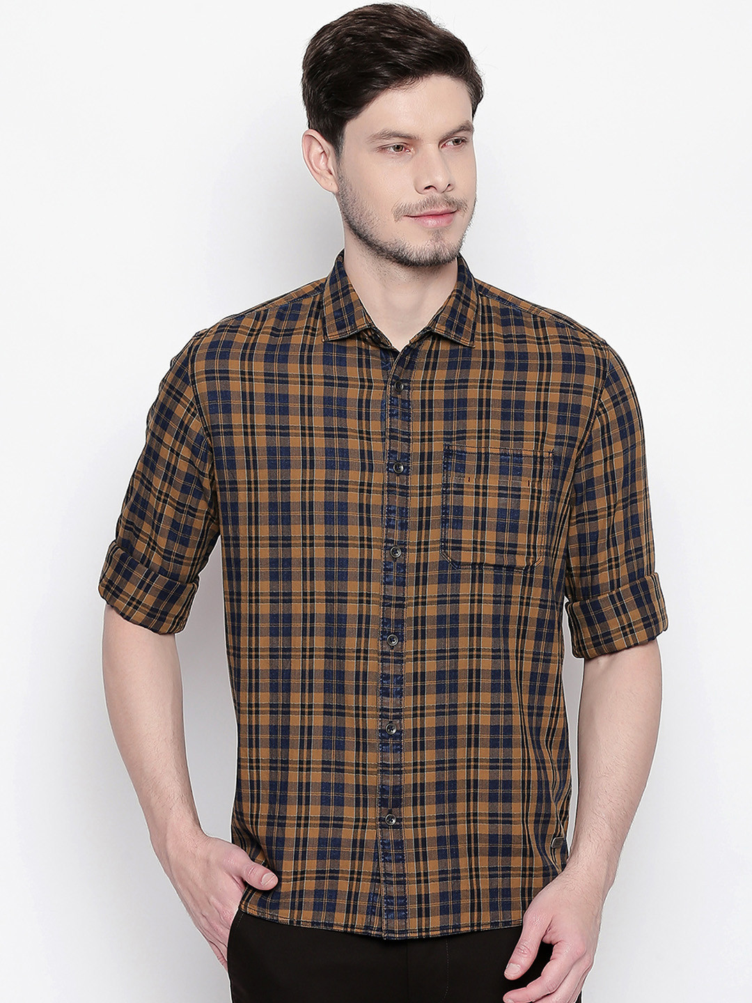 Basics Men Khaki & Navy Blue Slim Fit Checked Casual Shirt