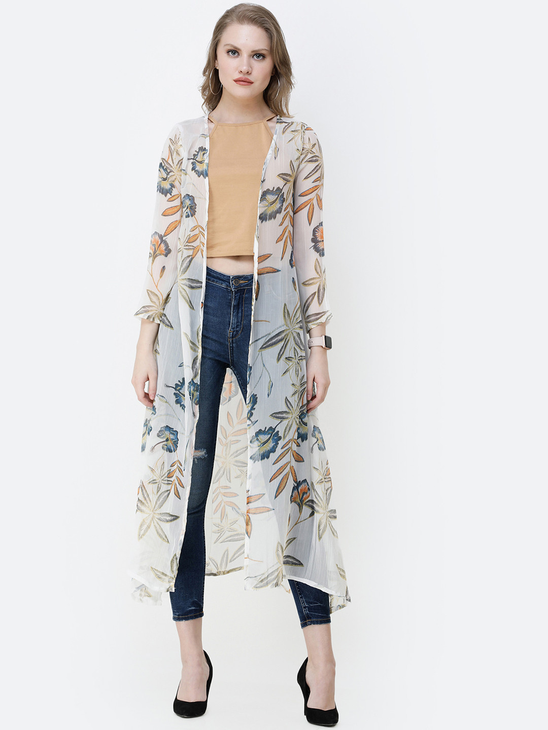 SCORPIUS Women White & Blue Printed Open Front Shrug