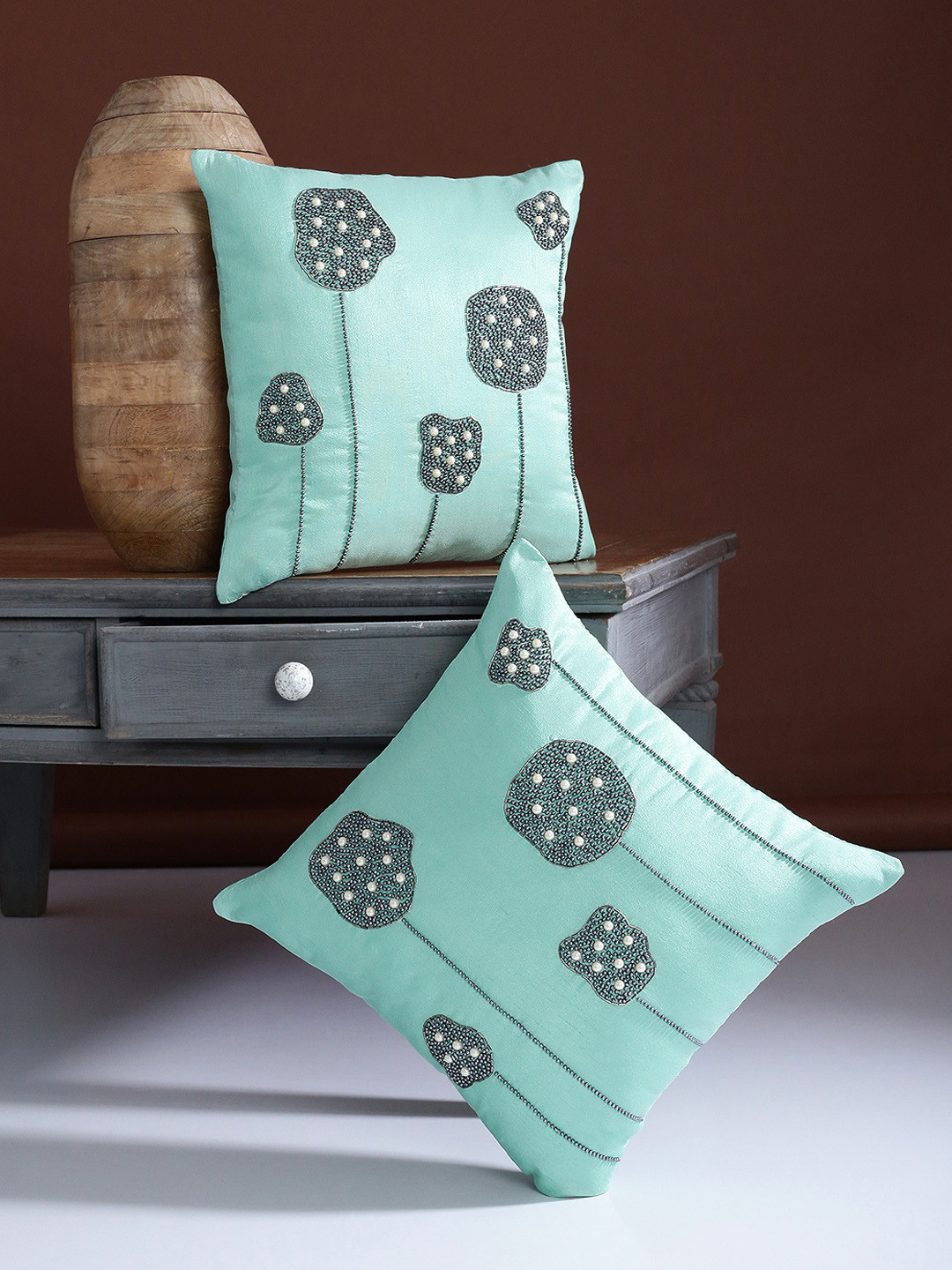 Alina decor Sea Green & Black Set of 2 Embellished Square Cushion Covers