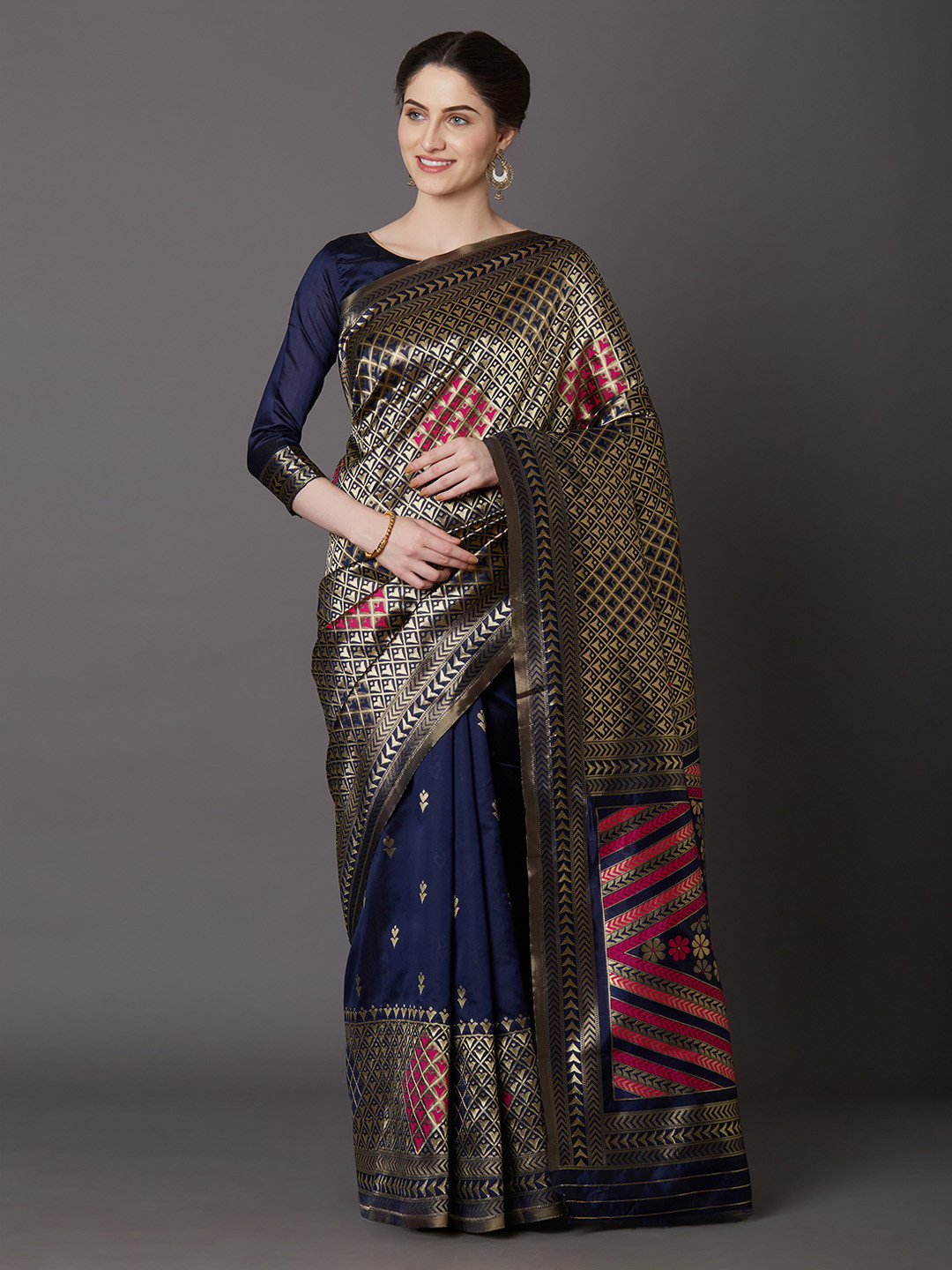 Mitera Navy Blue Silk Blend Printed Kanjeevaram Saree