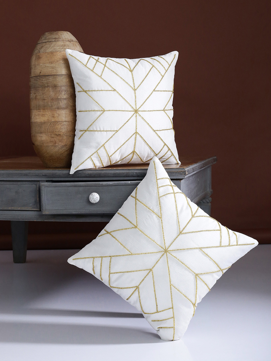 Alina decor Off-White Set of 2 Embellished Square Cushion Covers