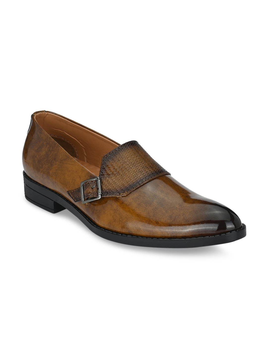 Prolific Men Brown Solid Synthetic Patent Partywear Monk Shoes