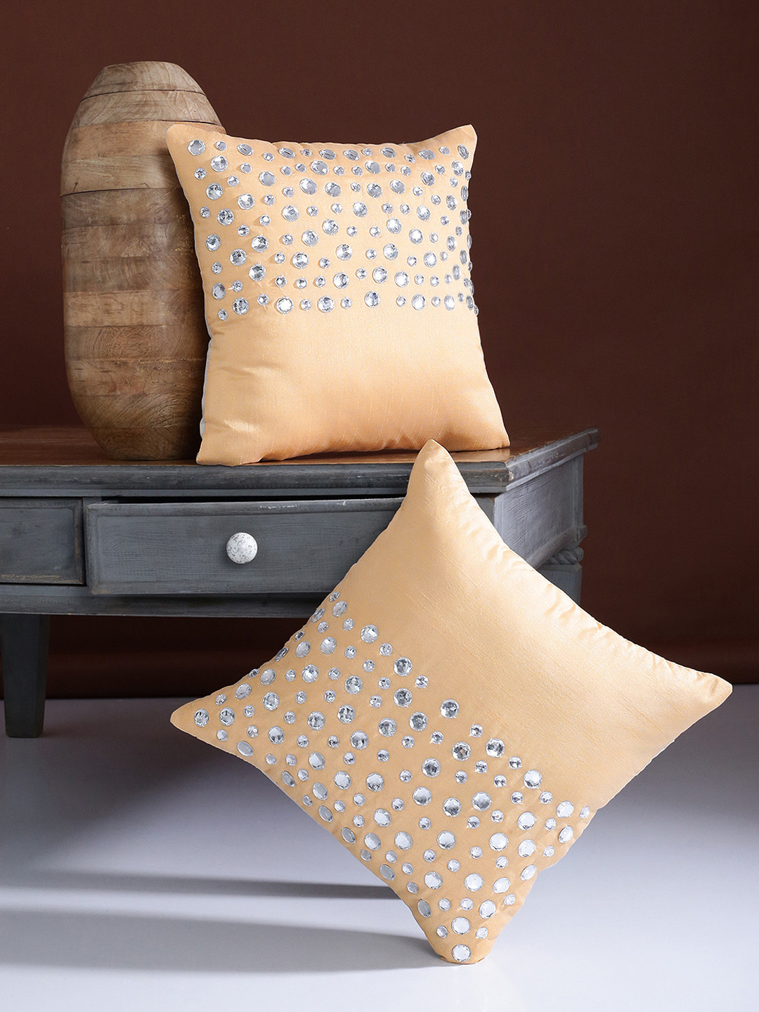 Alina decor Beige Polyester Durable 2 Piece Embellished Square Cushion Covers -16x16In