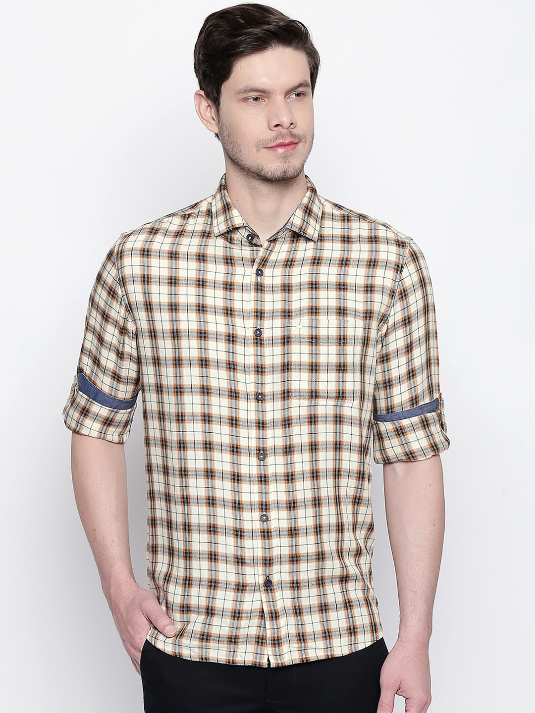 Basics Men Cream-Coloured & Black Checked Slim Fit Casual Shirt