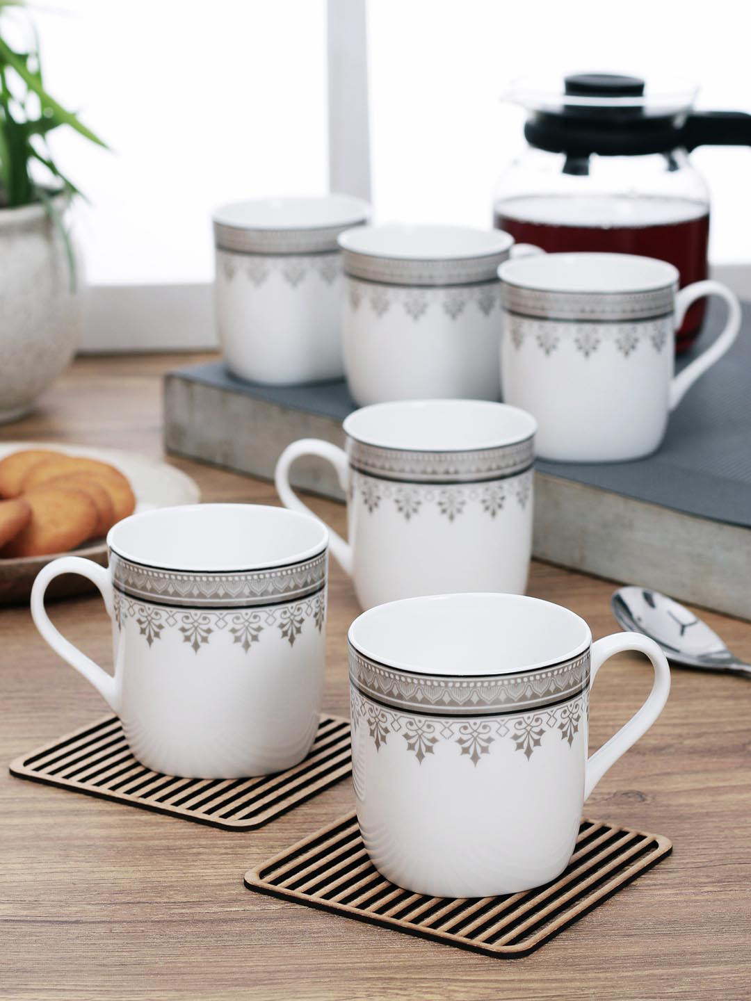CLAY CRAFT White Floral Bone China Microwave Safe 6 Piece Mugs-185ml