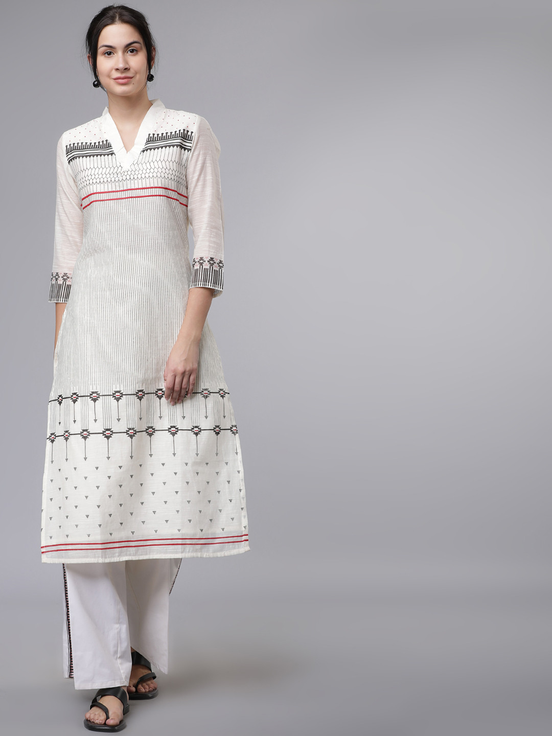 Vishudh Women Cream-Coloured & Grey Printed Kurta with Palazzos