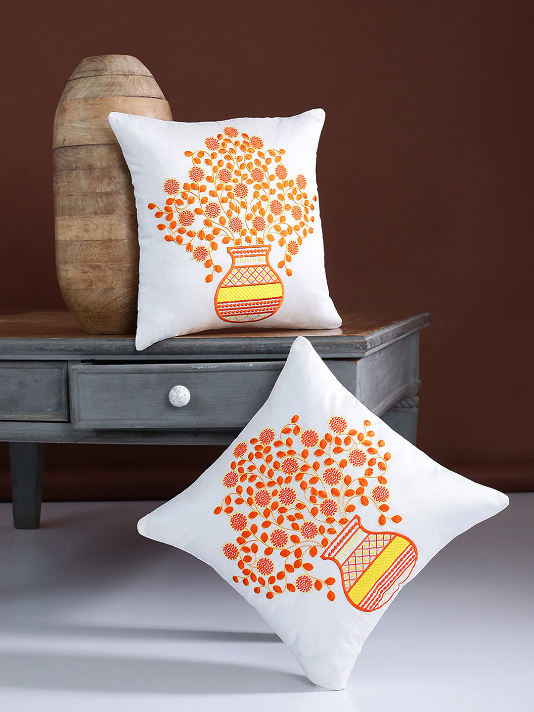 Alina decor Off-White & Orange Set of 2 Embroidered Square Cushion Covers
