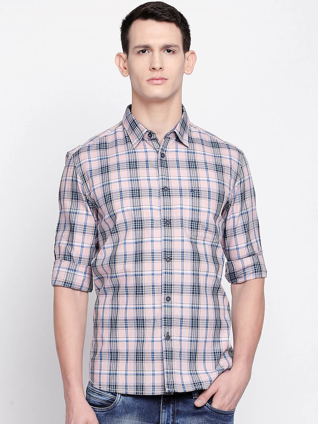 Basics Men Pink Slim Fit Checked Casual Shirt