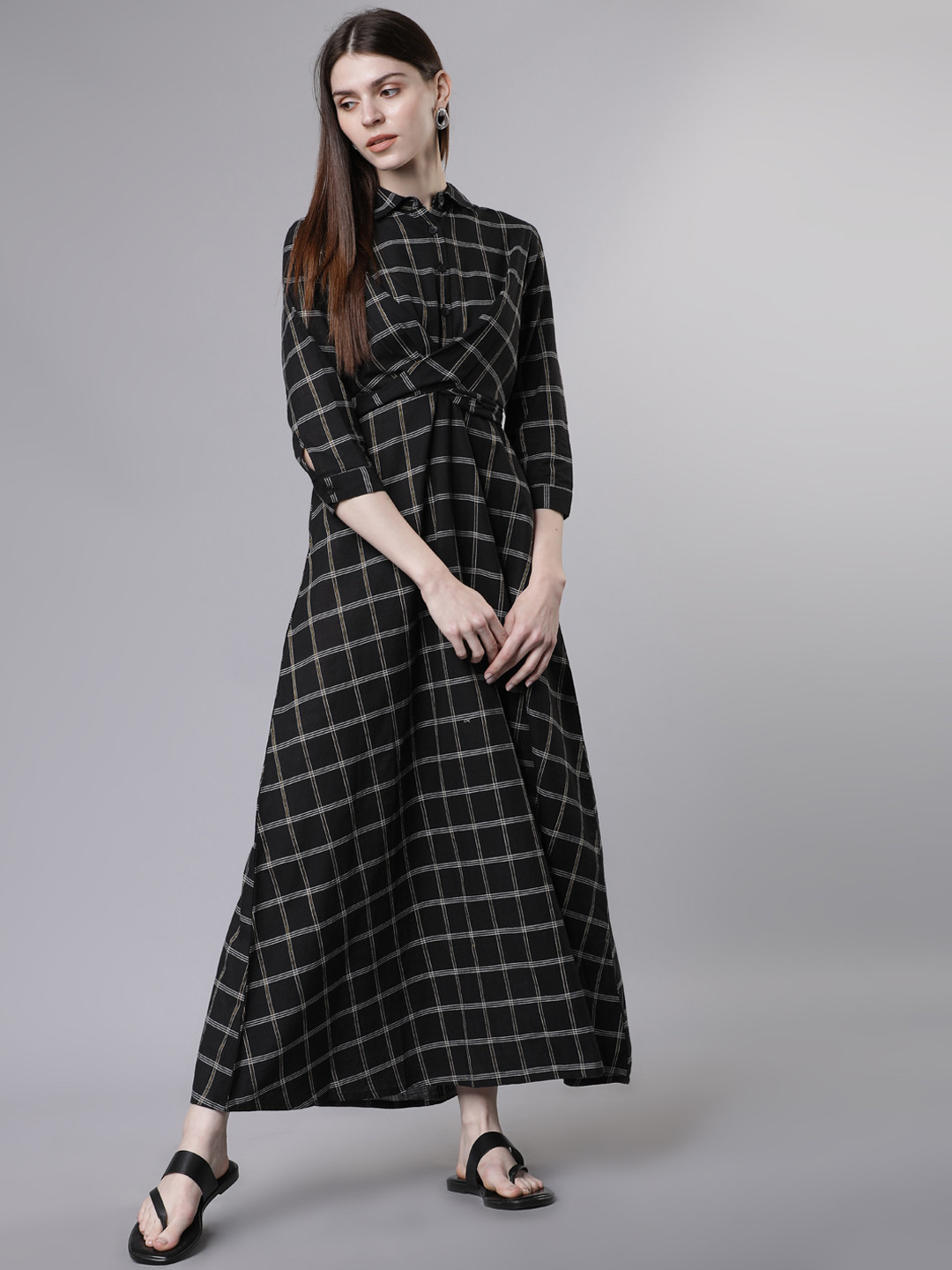 Vishudh Women Black & Grey Checked Shirt Dress