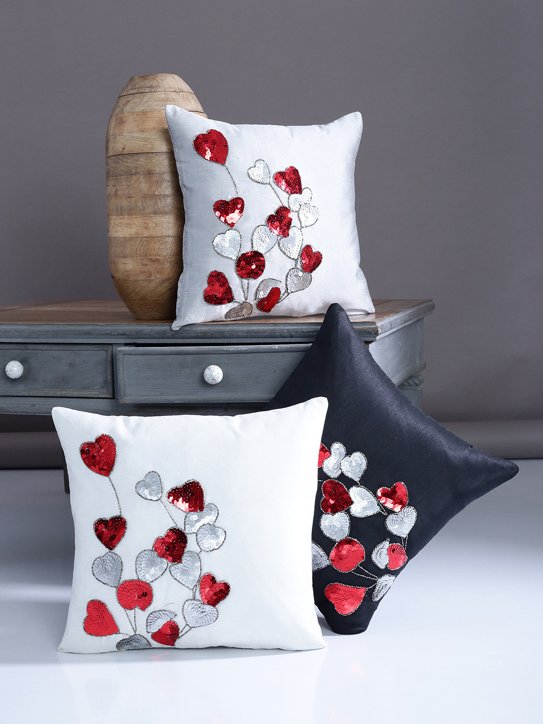 Alina decor White Embellished Polyester Washable 3 Pcs Cushion Covers - 15.7 x 15.7 Inches