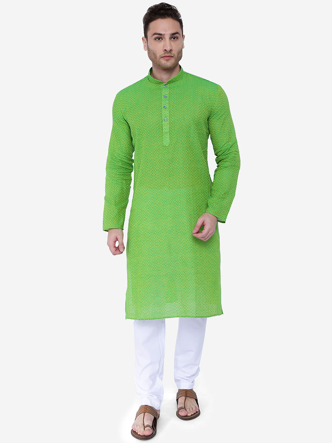 RAJUBHAI HARGOVINDAS Men Green Printed Handloom Straight Kurta